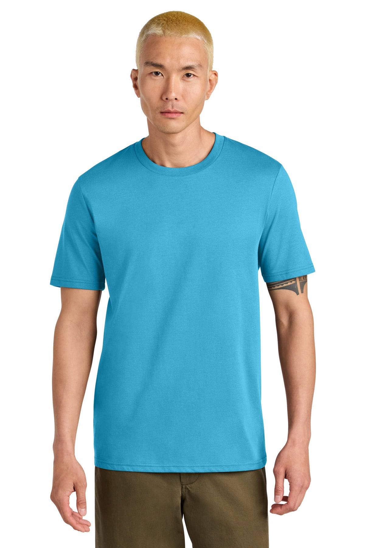 Man wearing a bright blue t-shirt on a white background