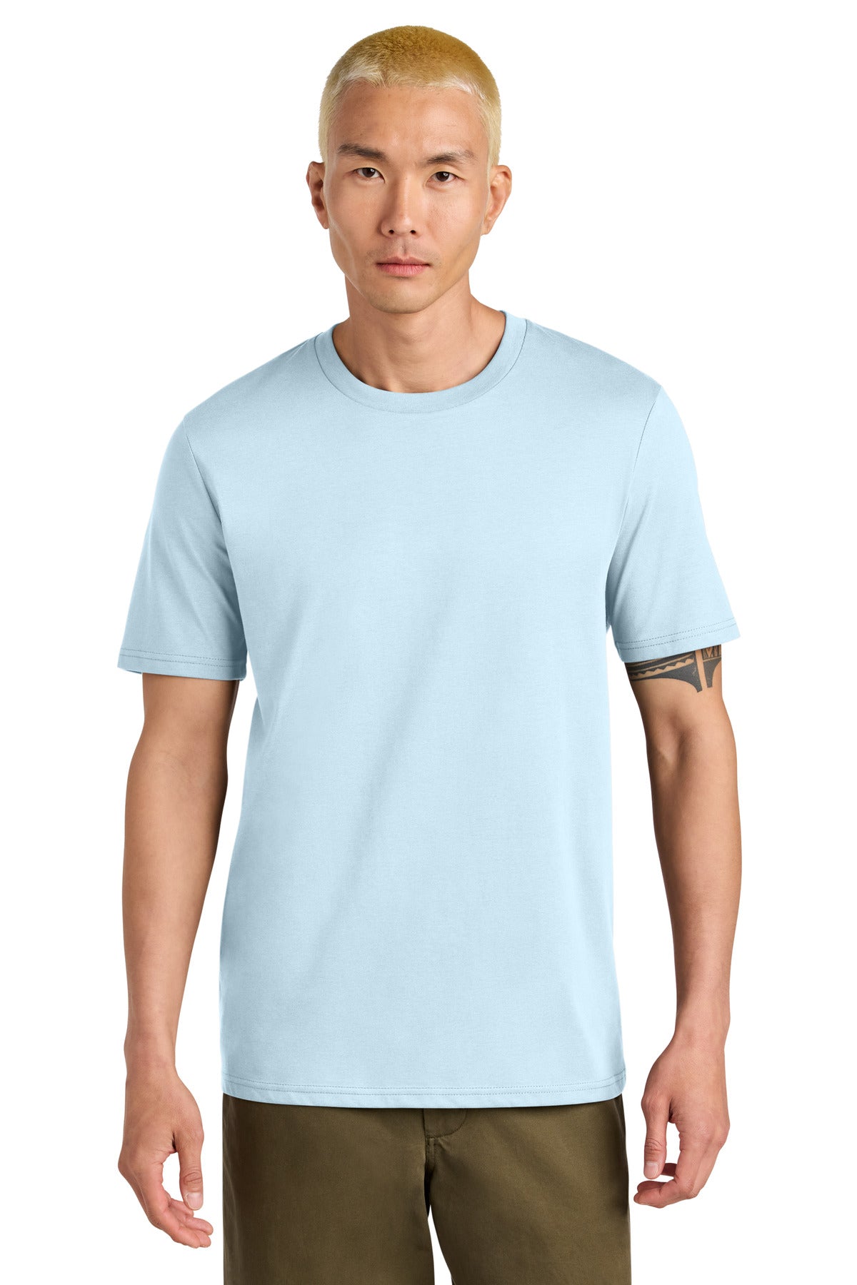 Man wearing a light blue t-shirt on a white background