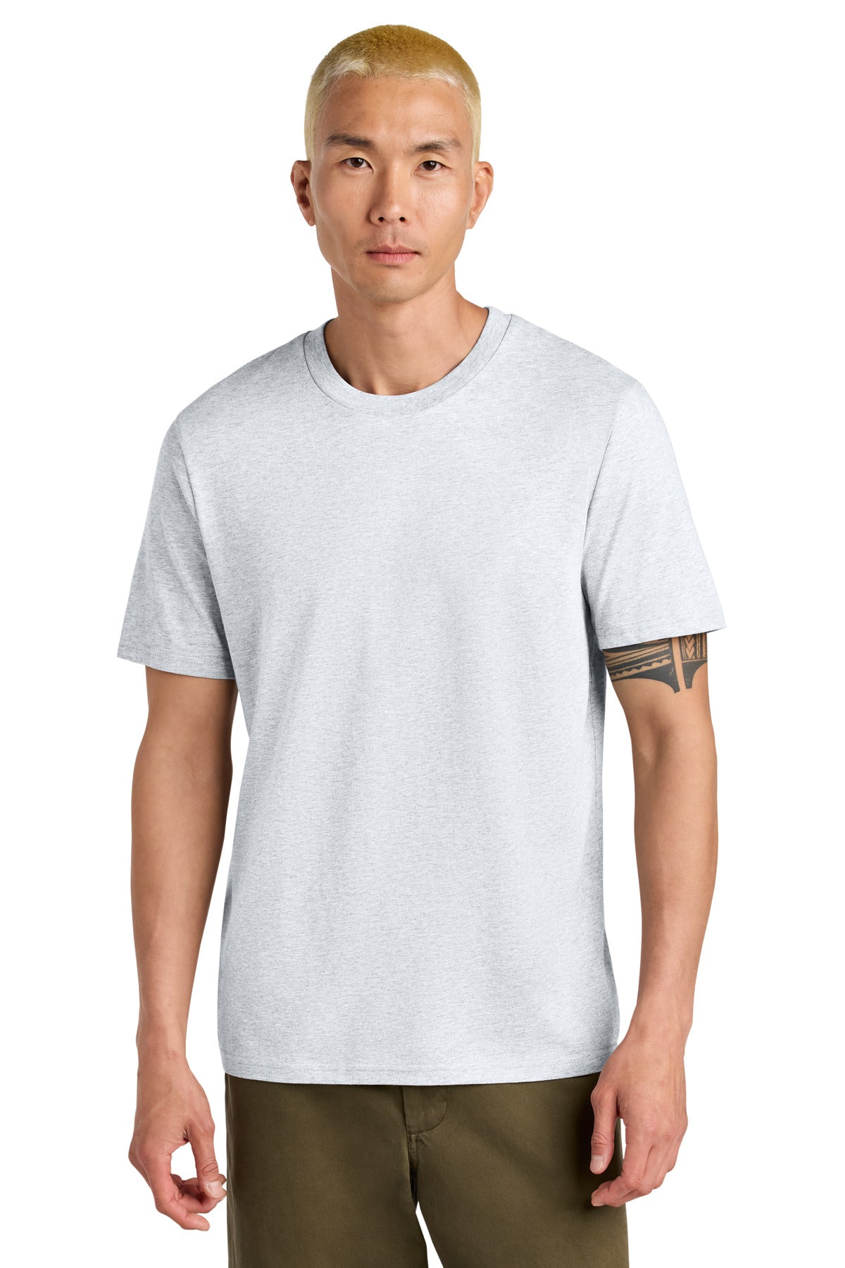 Man wearing a plain white t-shirt on a white background