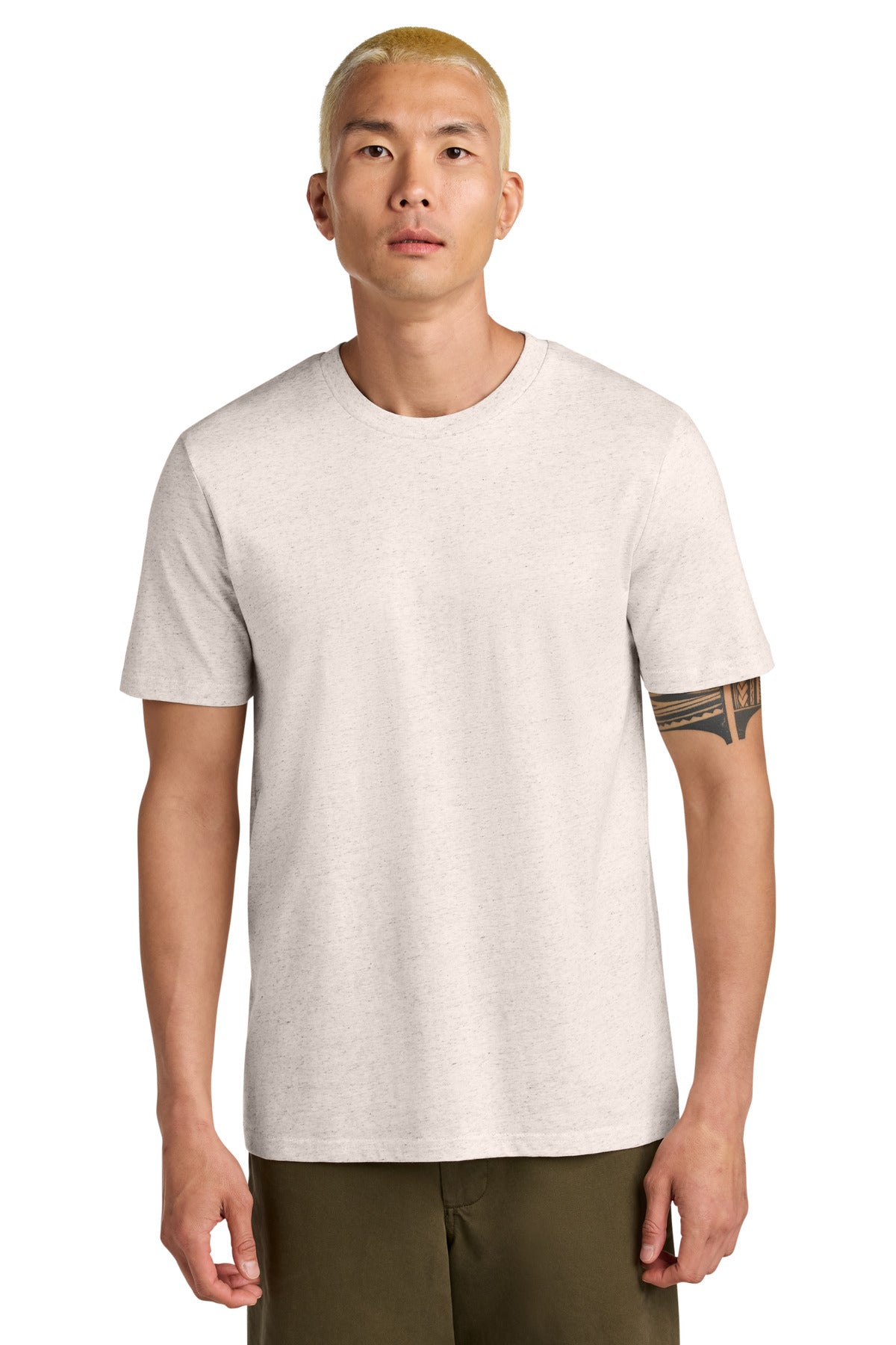 Man wearing a beige t-shirt on a white background