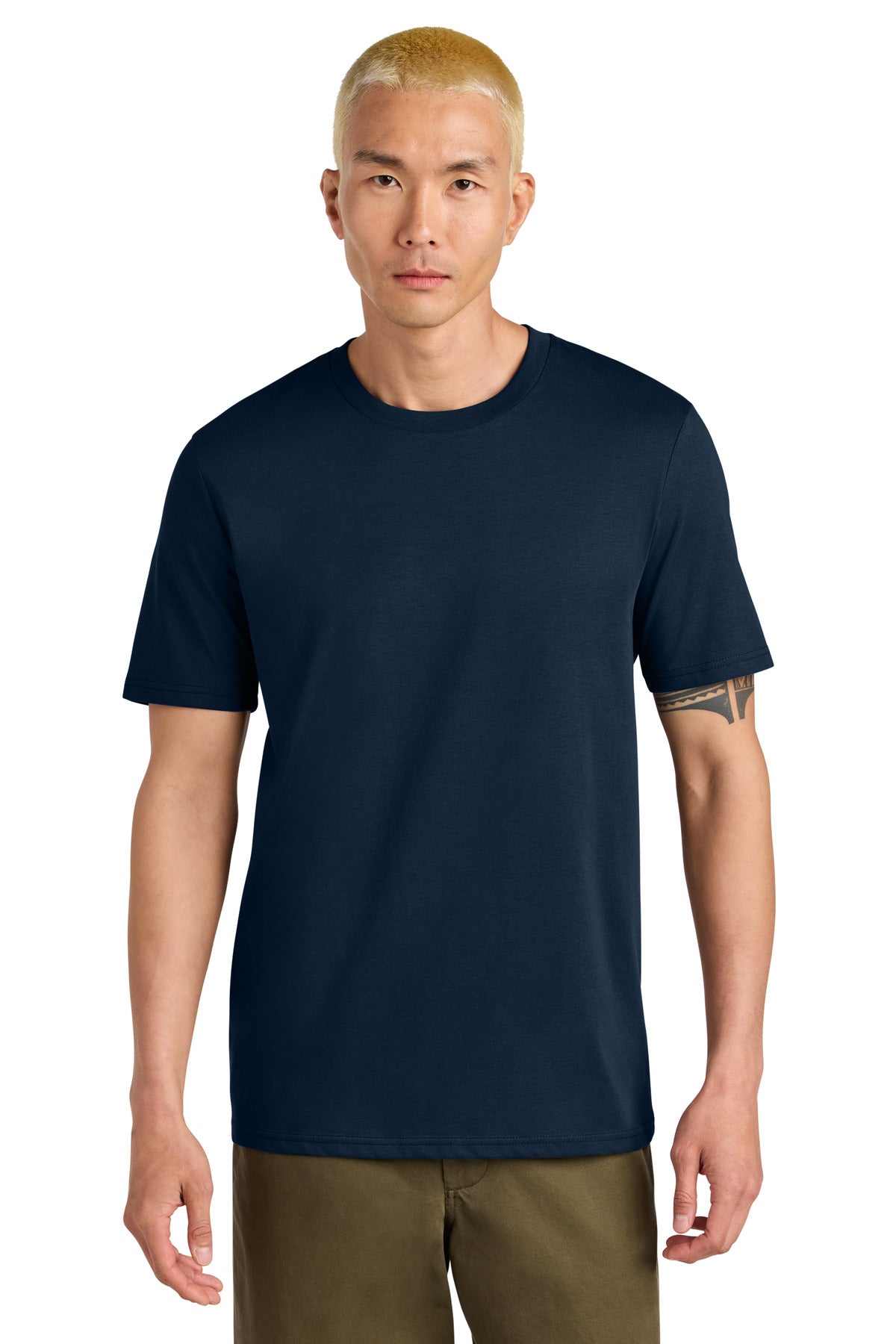 Man wearing a navy blue t-shirt on a white background
