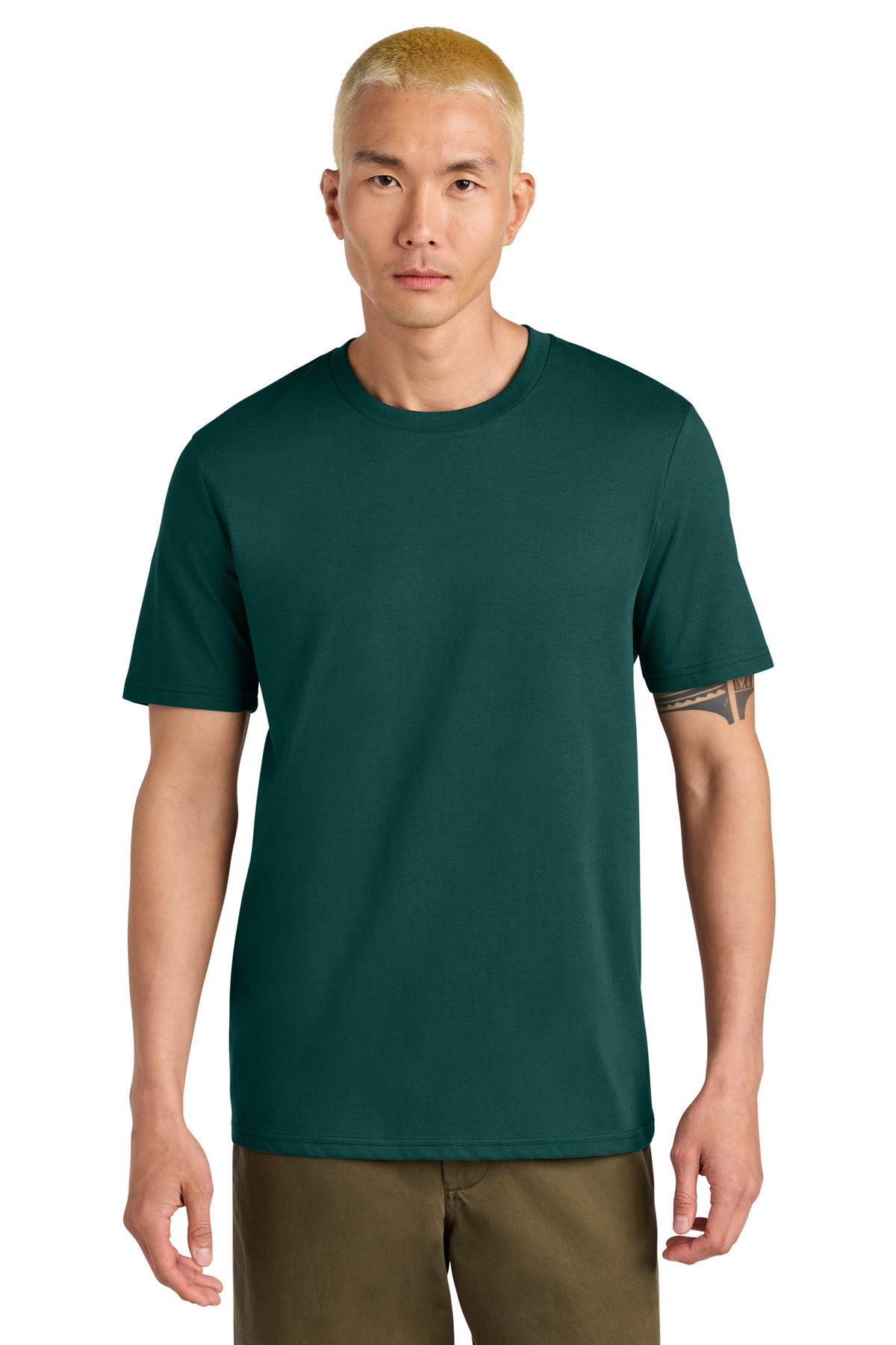 Man wearing a dark green t-shirt on a white background