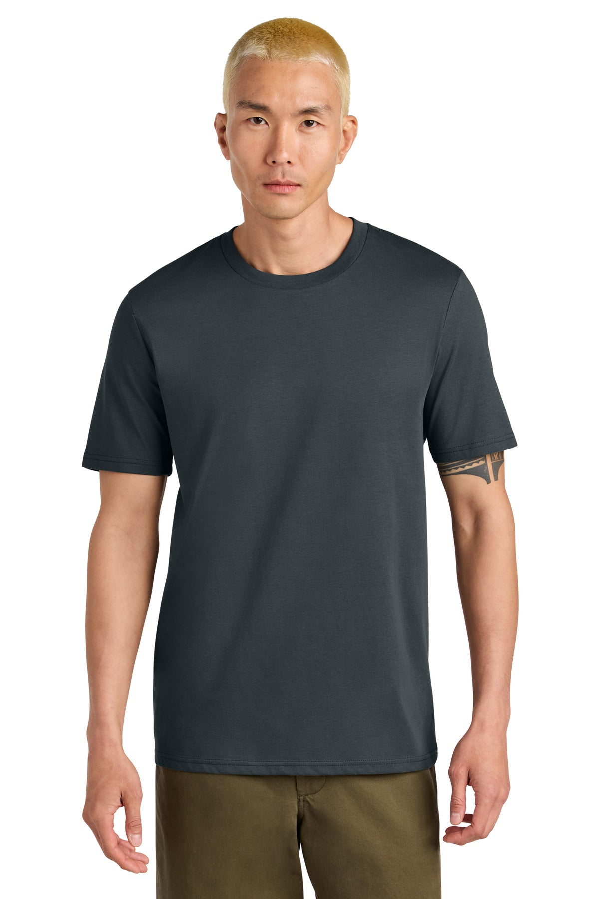 Man wearing a dark gray t-shirt on a white background