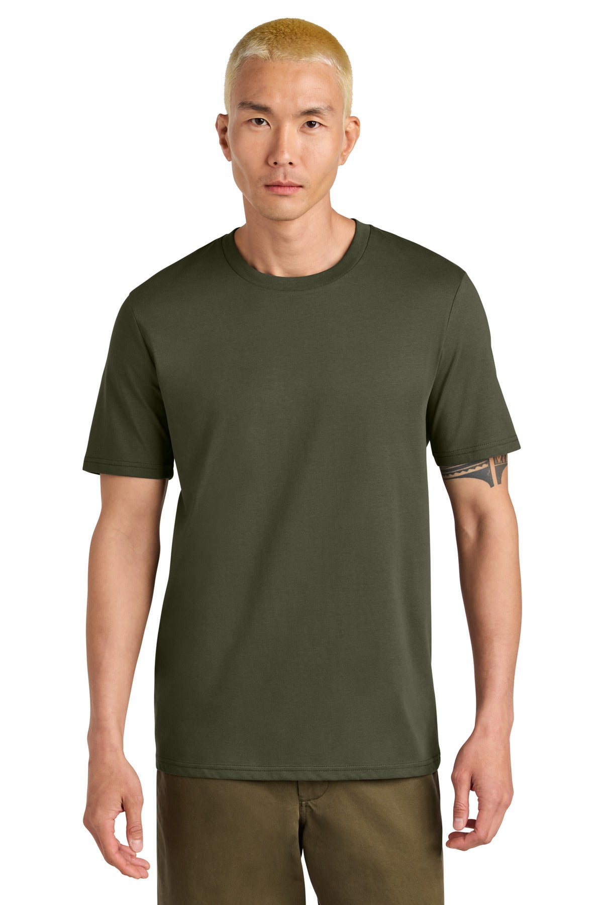 Man wearing an olive green t-shirt and pants on a white background