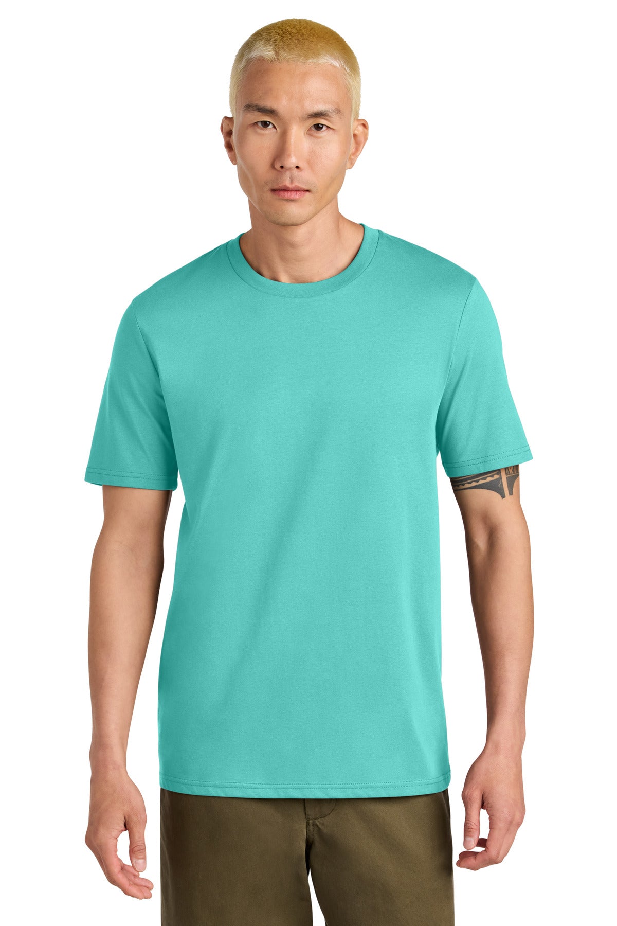 Man wearing a turquoise t-shirt on a white background