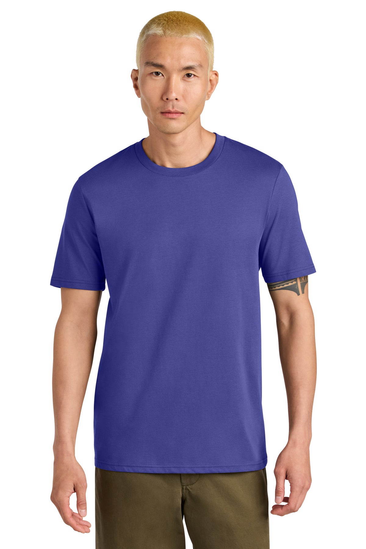 Man wearing a purple t-shirt on a white background