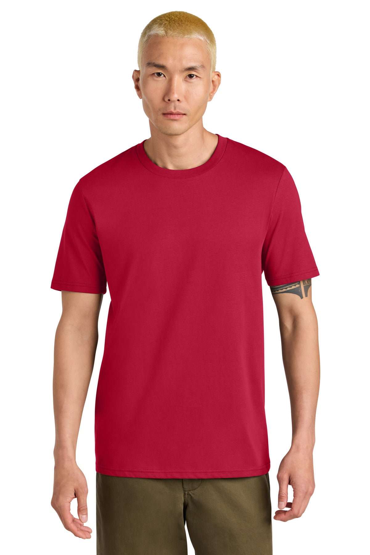 Man wearing a red t-shirt on a white background