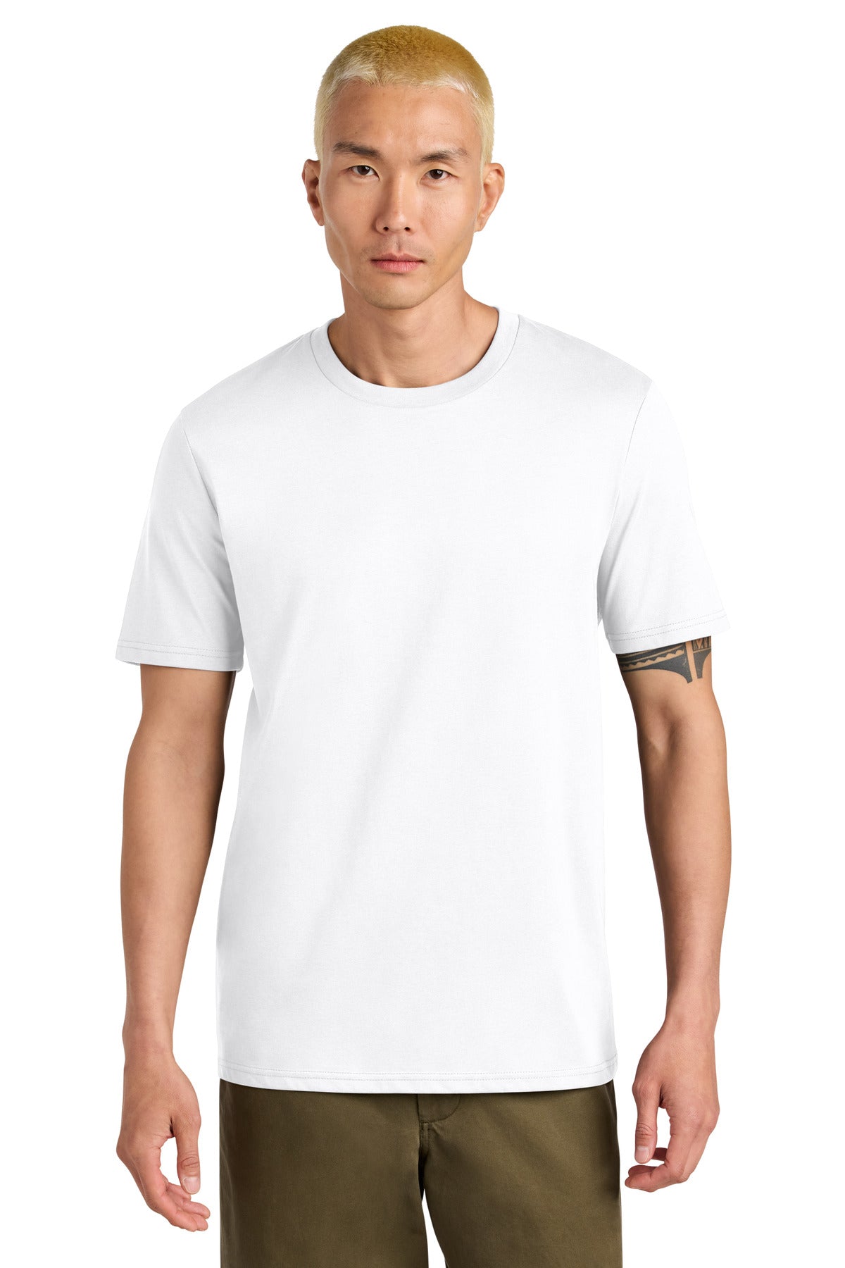Man wearing a plain white t-shirt on a white background