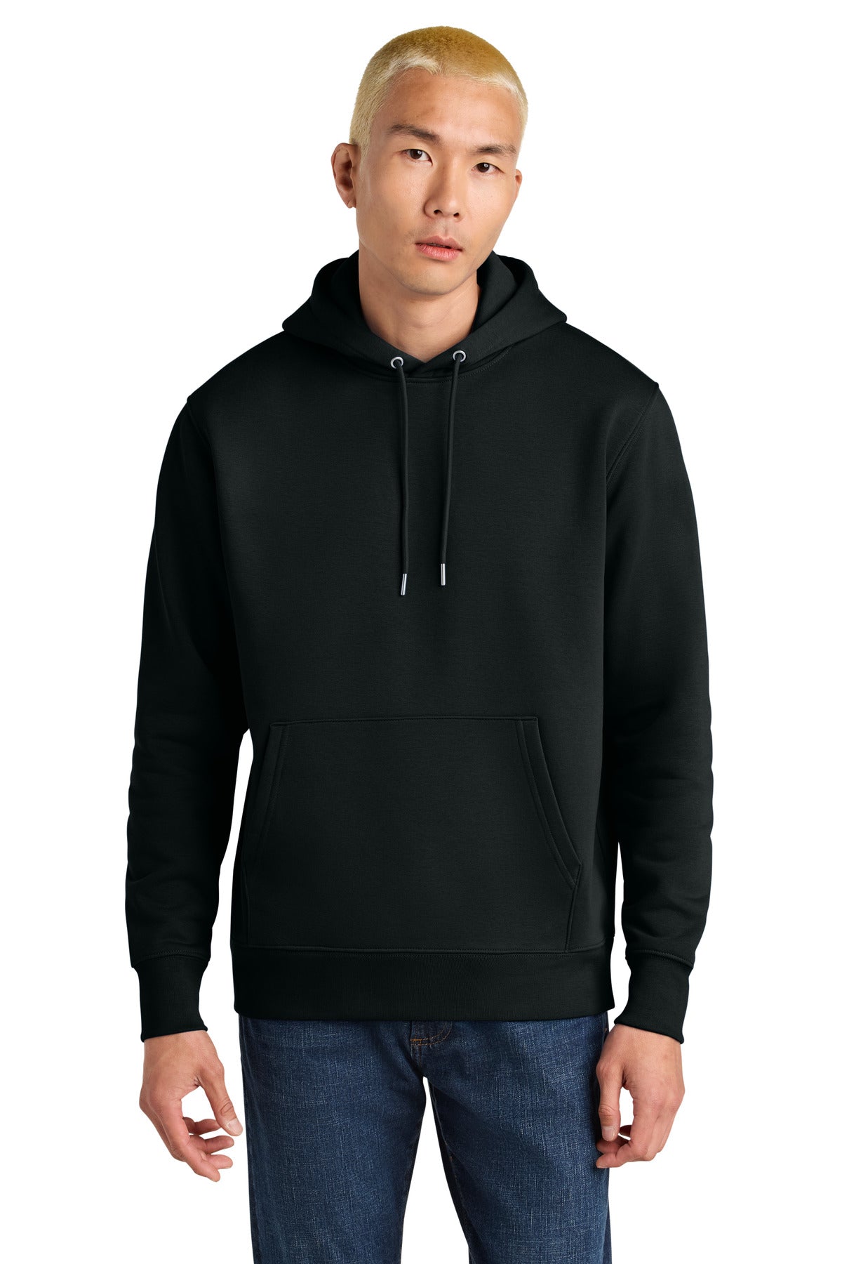 Person wearing a black hoodie on a white background