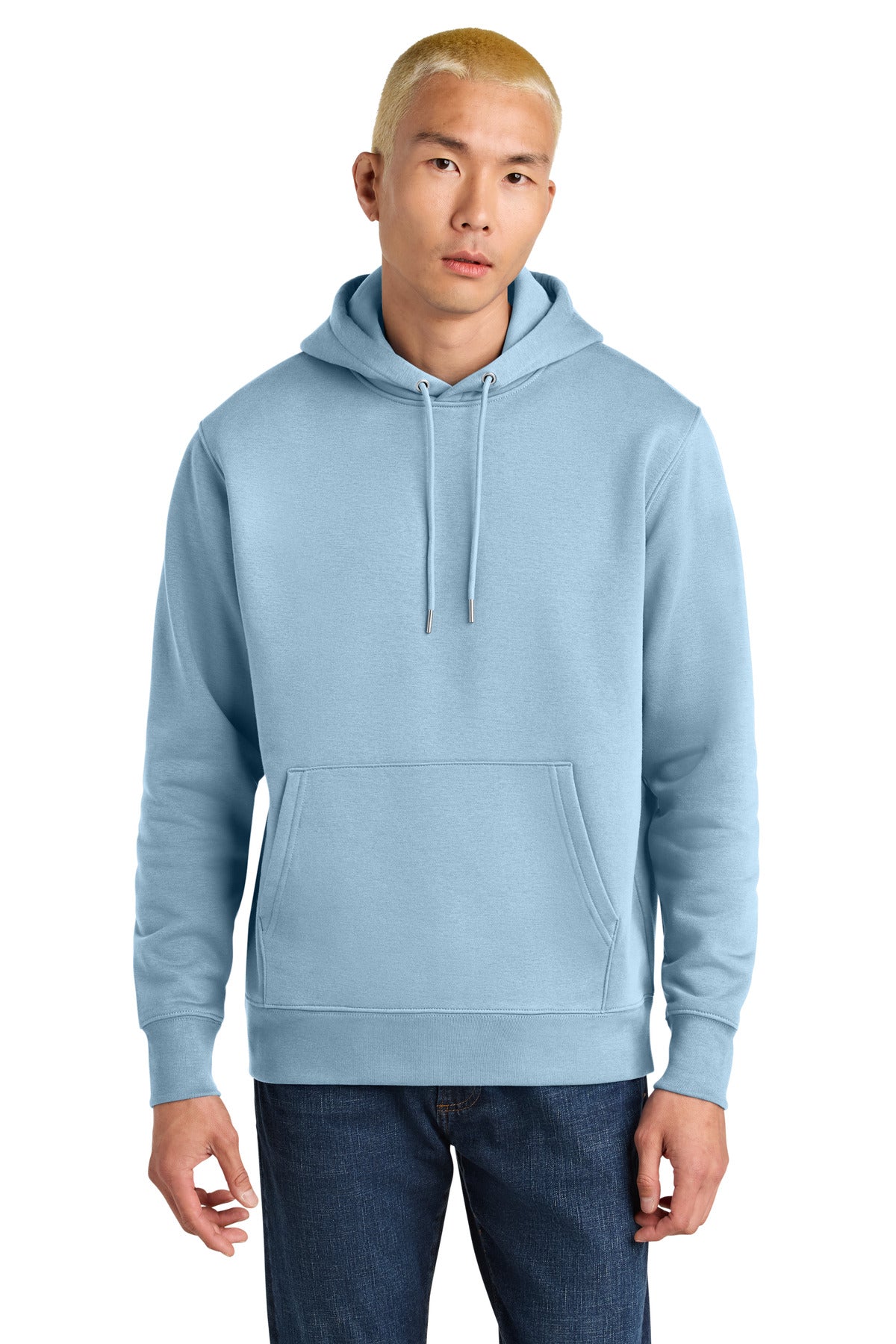 Person wearing a light blue hoodie on a white background