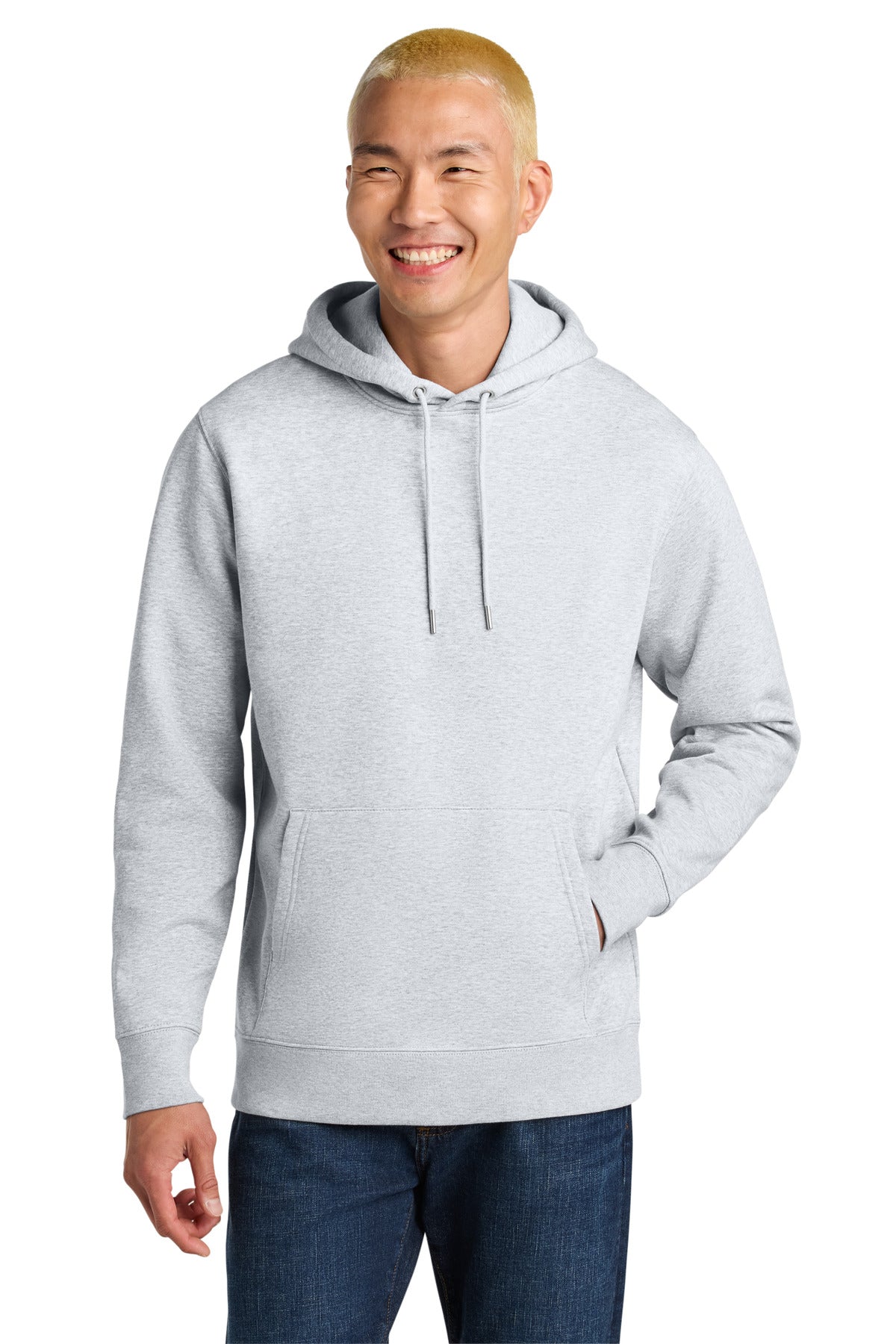 Person wearing a gray hoodie on a white background