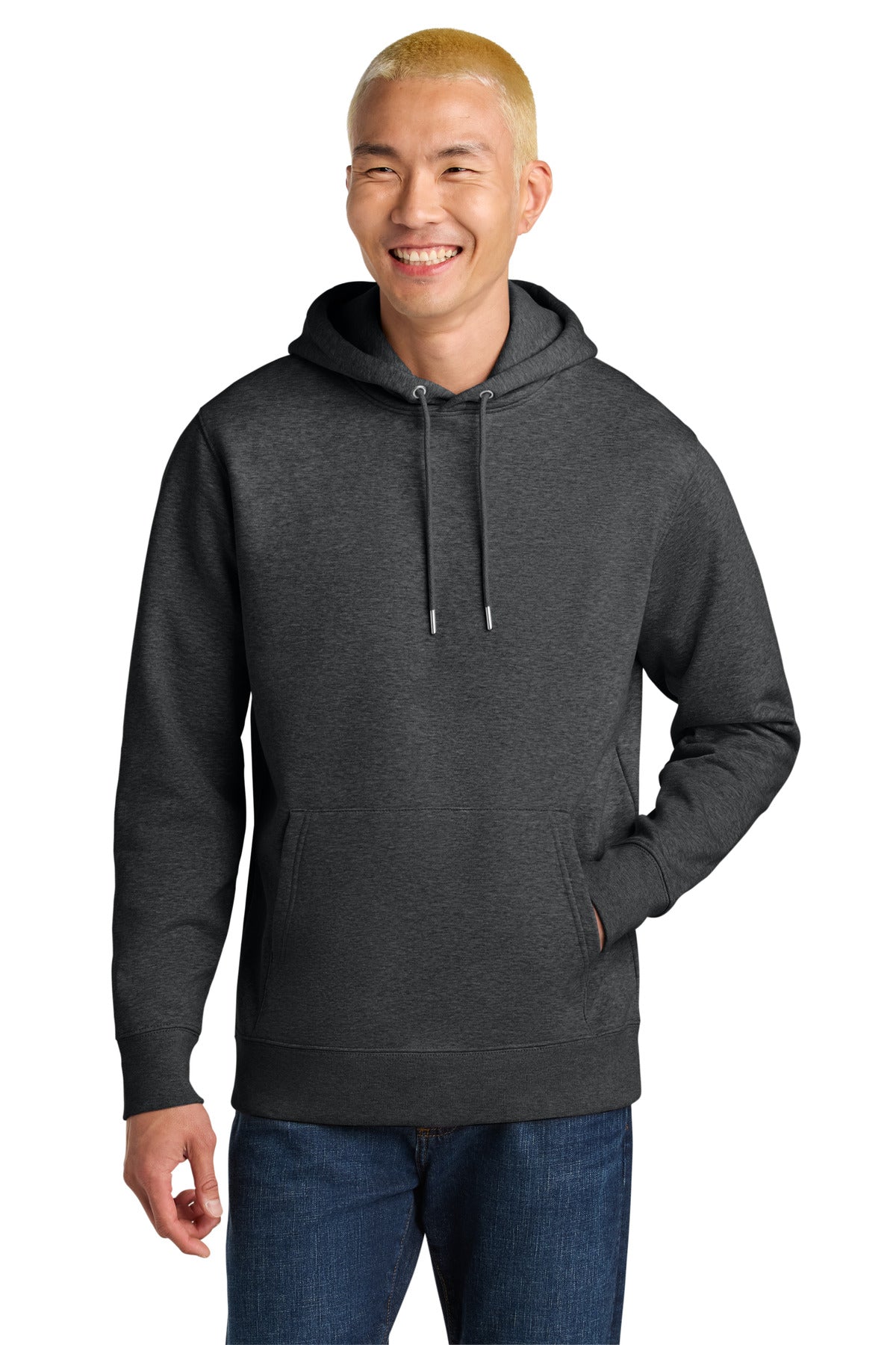 Man wearing a dark gray hoodie on a white background