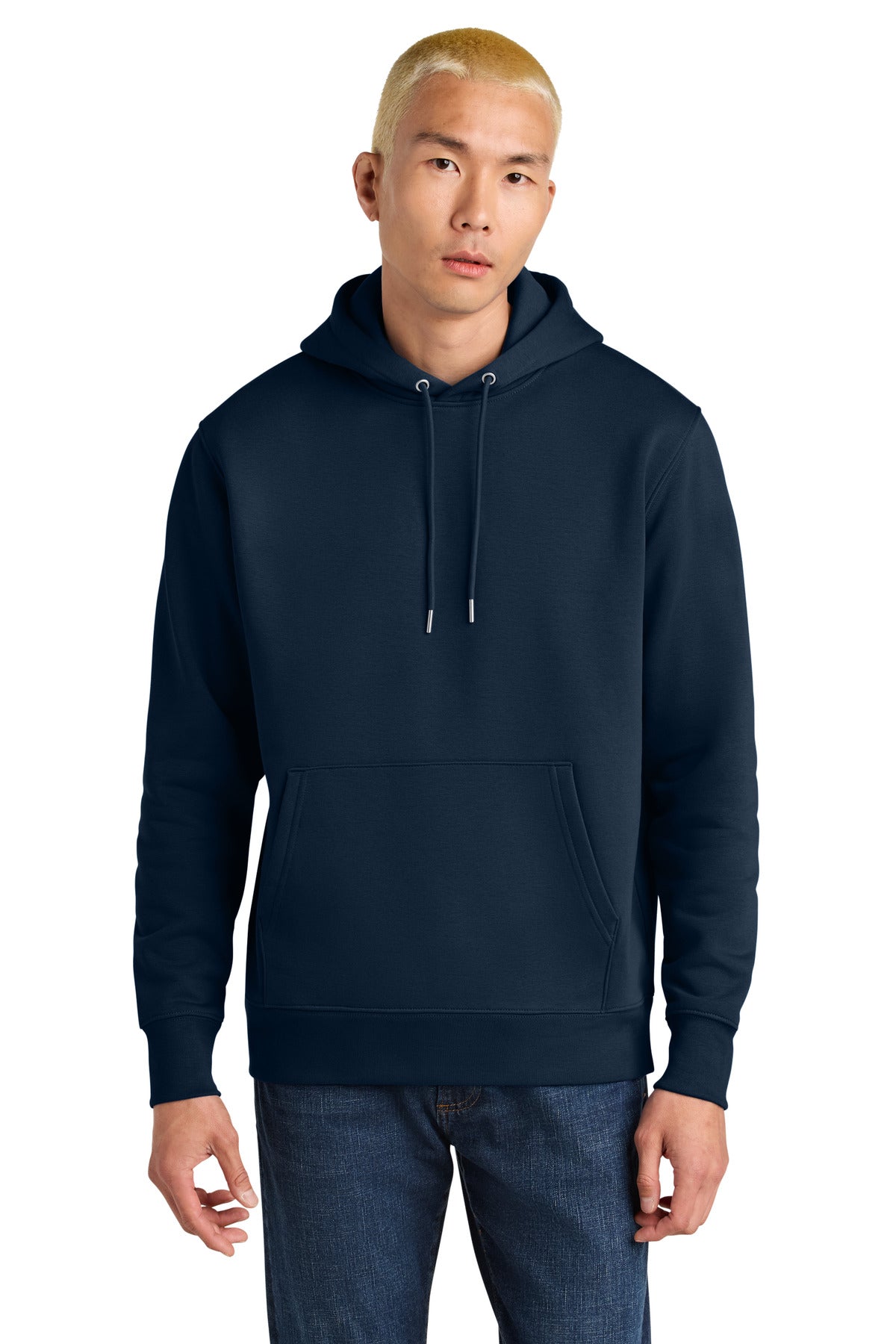 Person wearing a navy blue hoodie on a white background