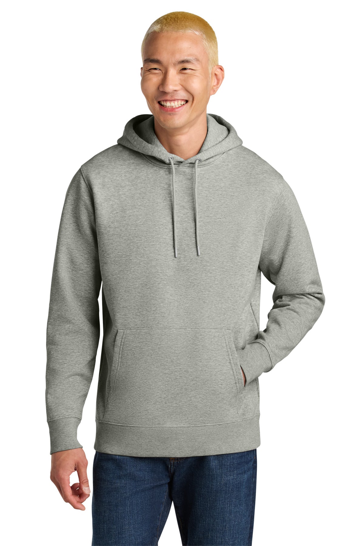 Man wearing a gray hoodie on a white background