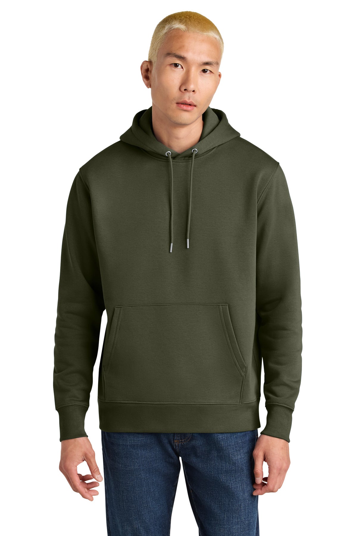 Person wearing an olive green hoodie on a white background