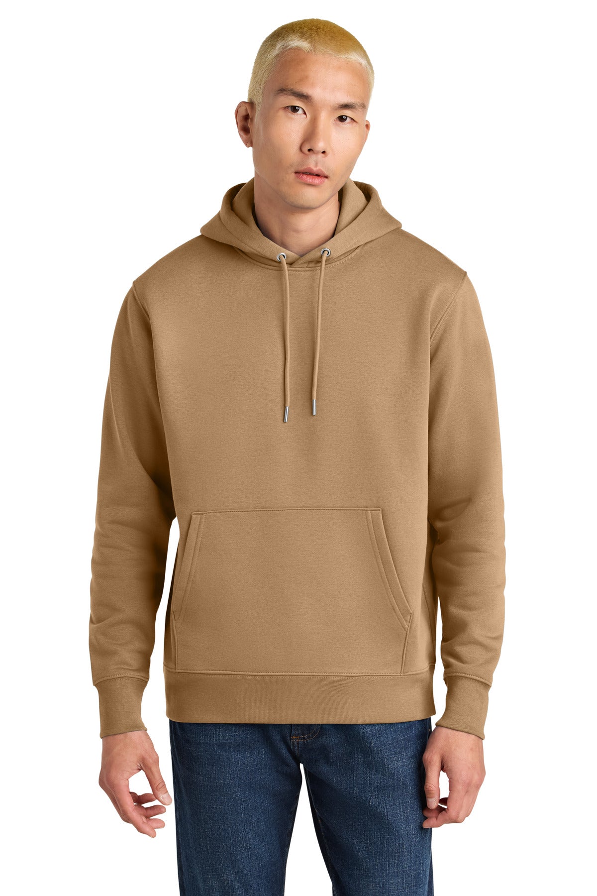 Man wearing a brown hoodie and blue jeans on a white background