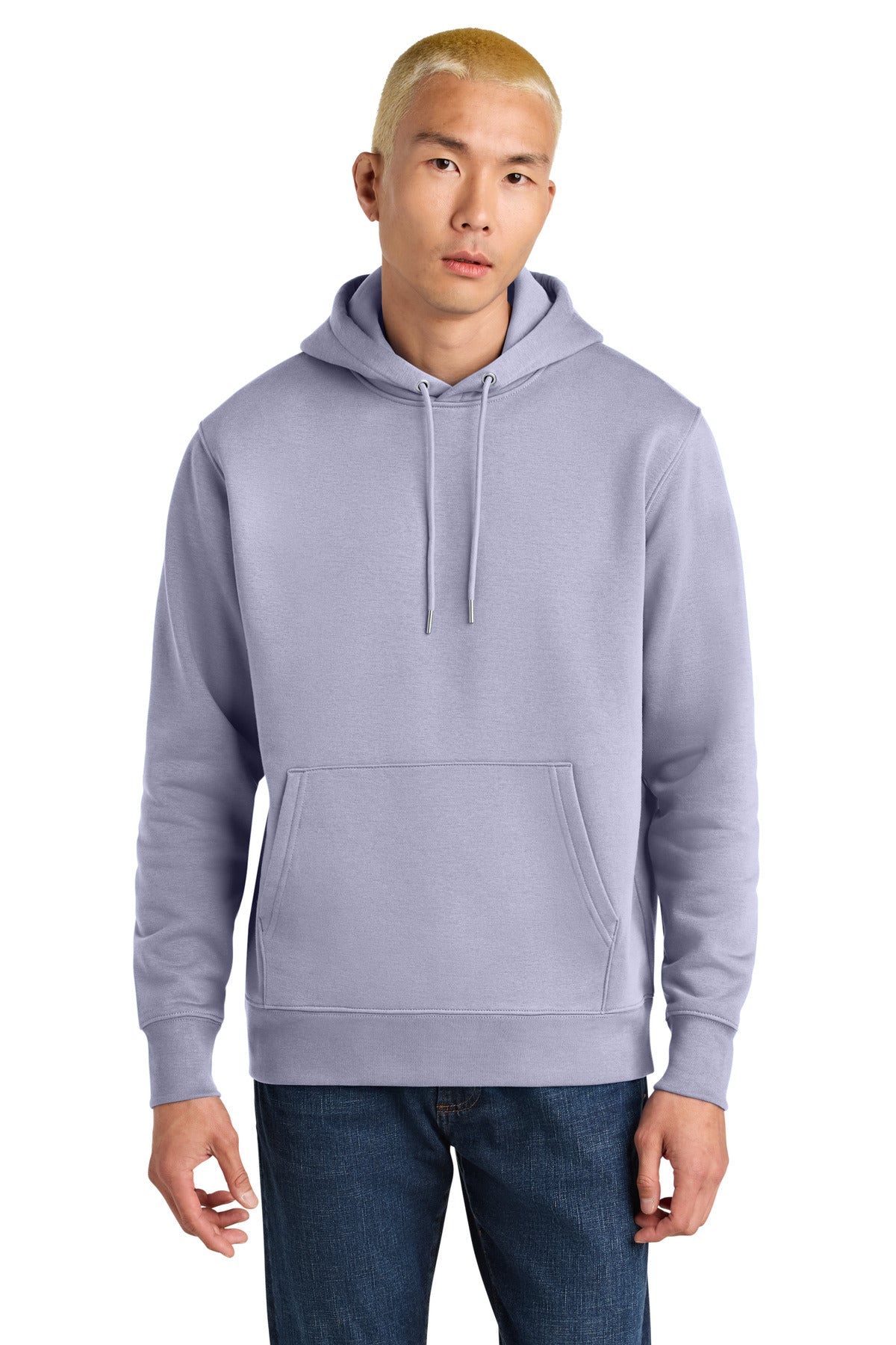 Person wearing a light purple hoodie on a white background