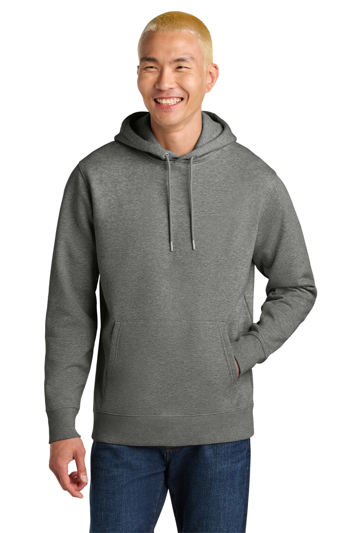 Man wearing a gray hoodie on a white background