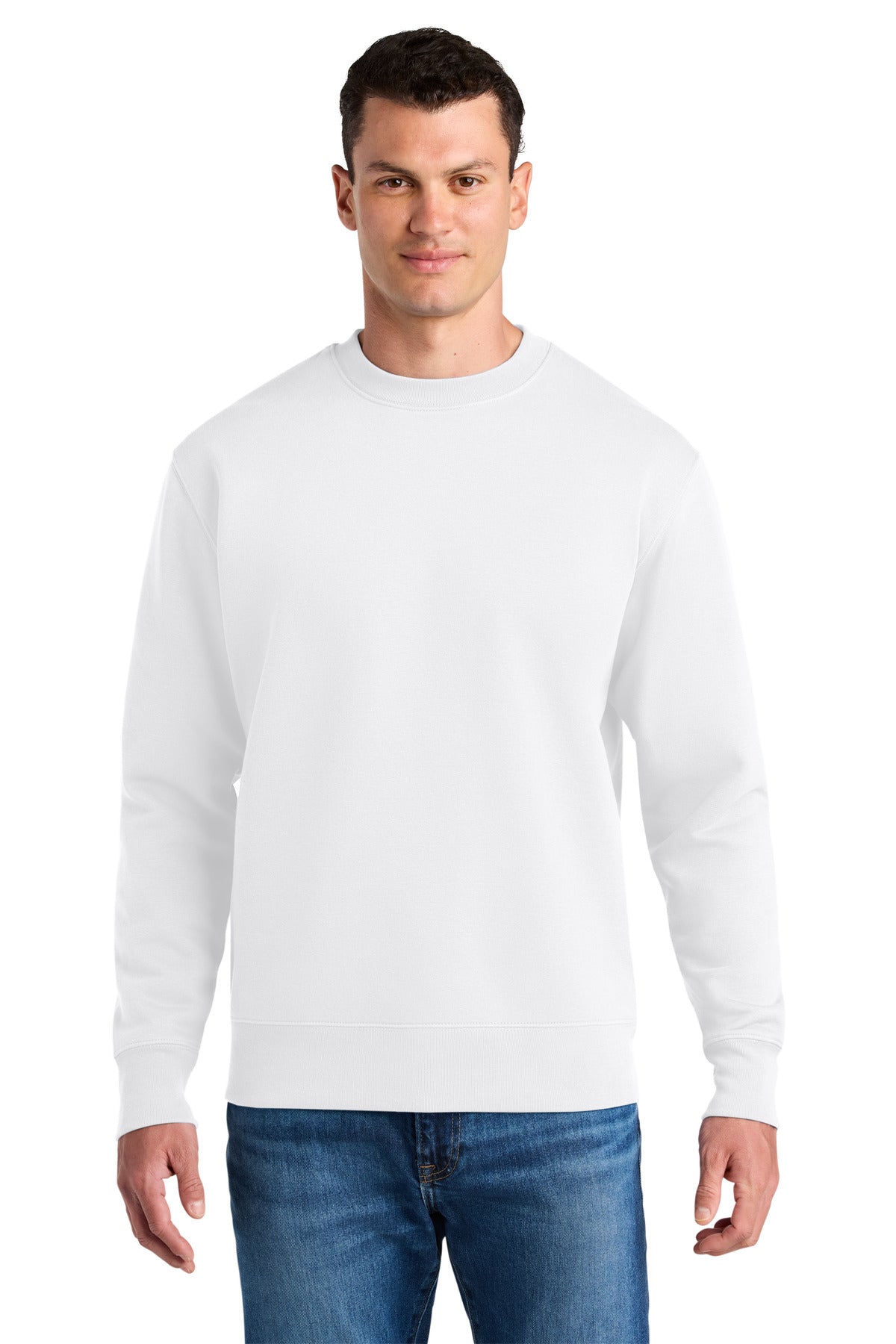 Man wearing a white sweater and blue jeans on a white background