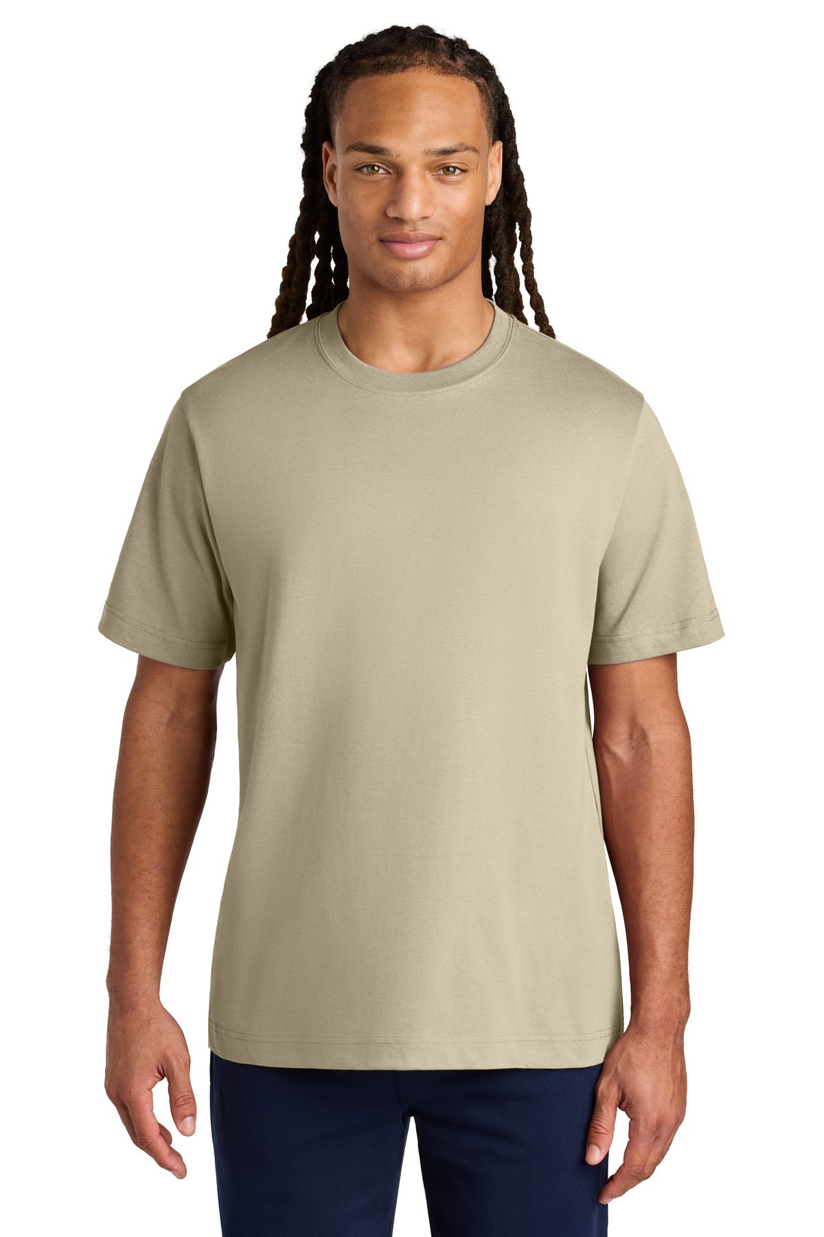 Man wearing a beige t-shirt on a white background