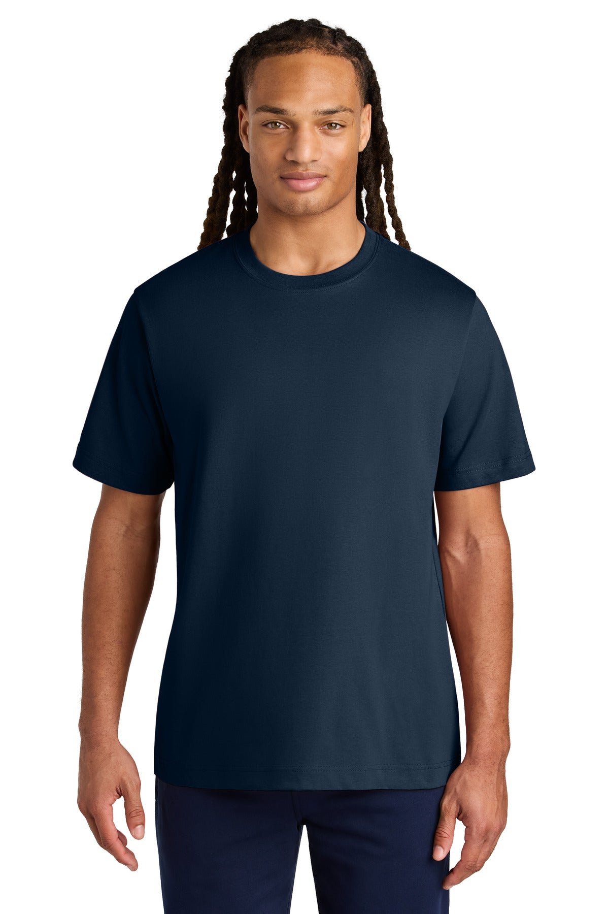 Man wearing a navy blue t-shirt on a white background