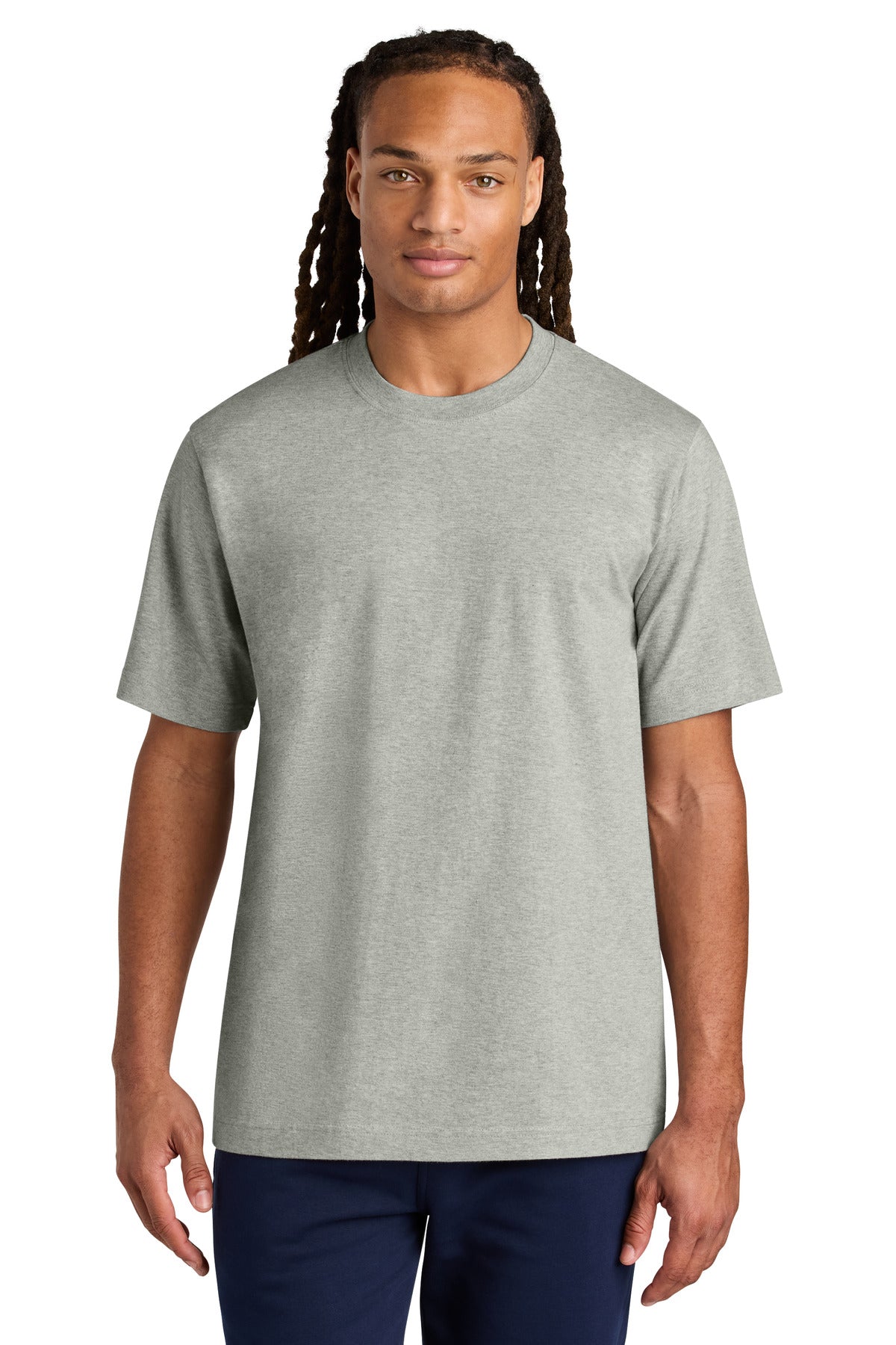 Man wearing a gray t-shirt on a white background