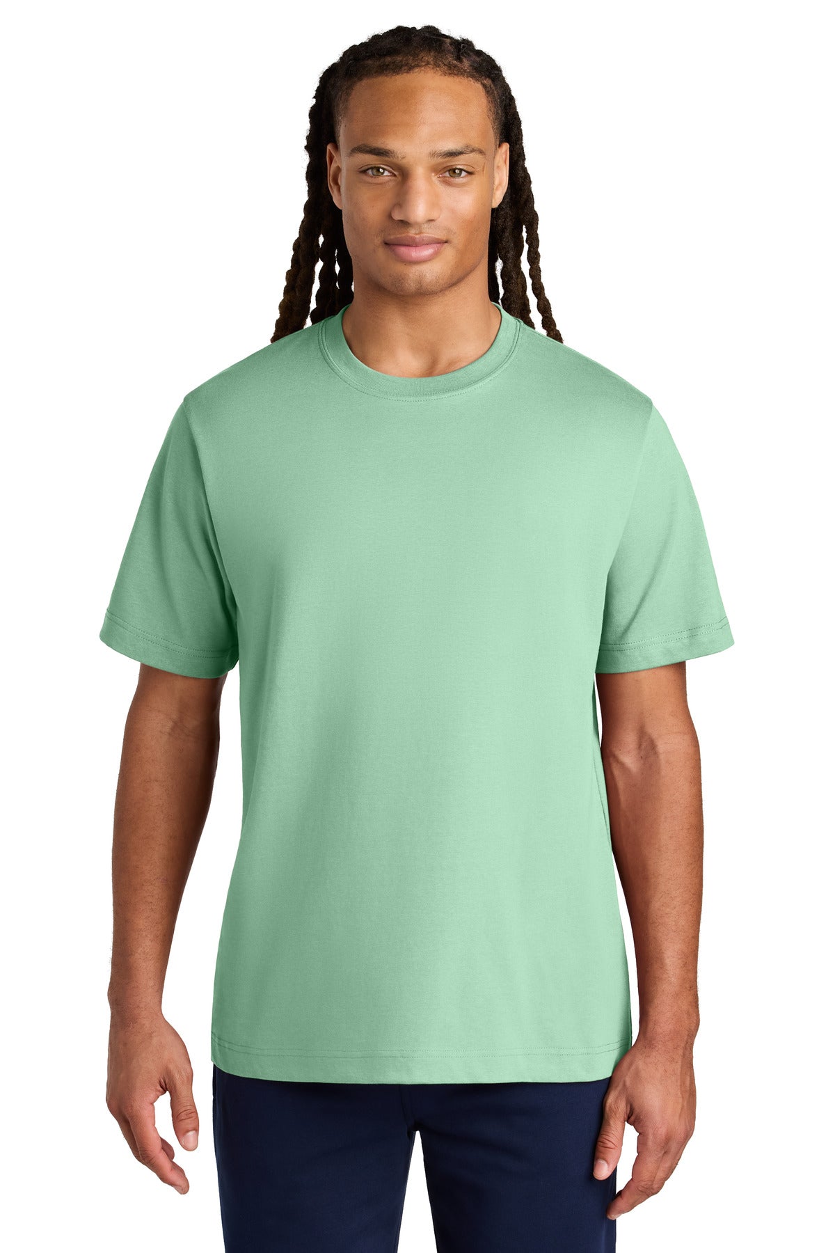 Person wearing a light green t-shirt on a white background