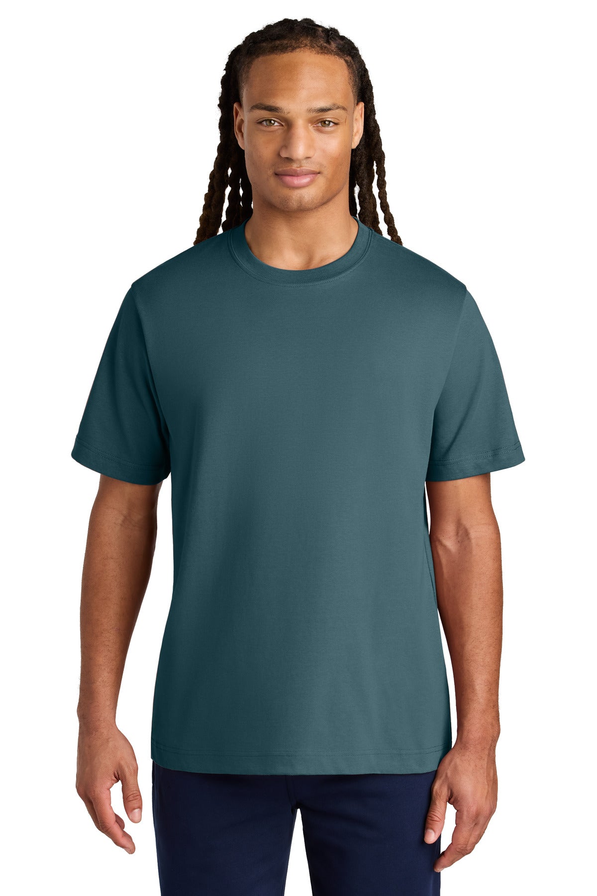 Man wearing a teal t-shirt on a white background