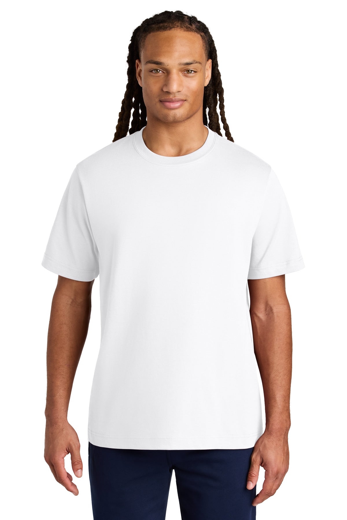 Person wearing a plain white t-shirt on a white background