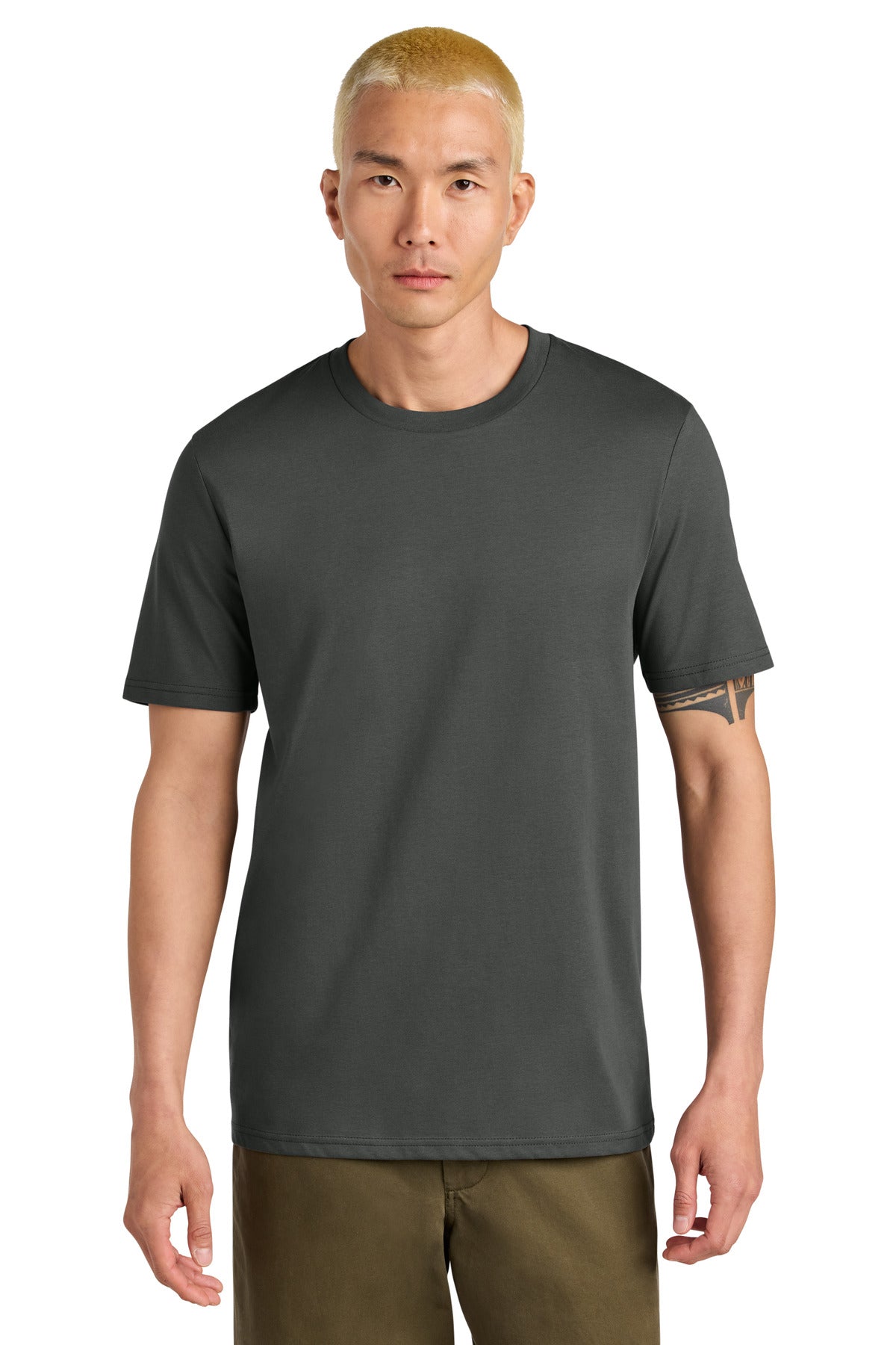 Man wearing a dark gray t-shirt on a white background