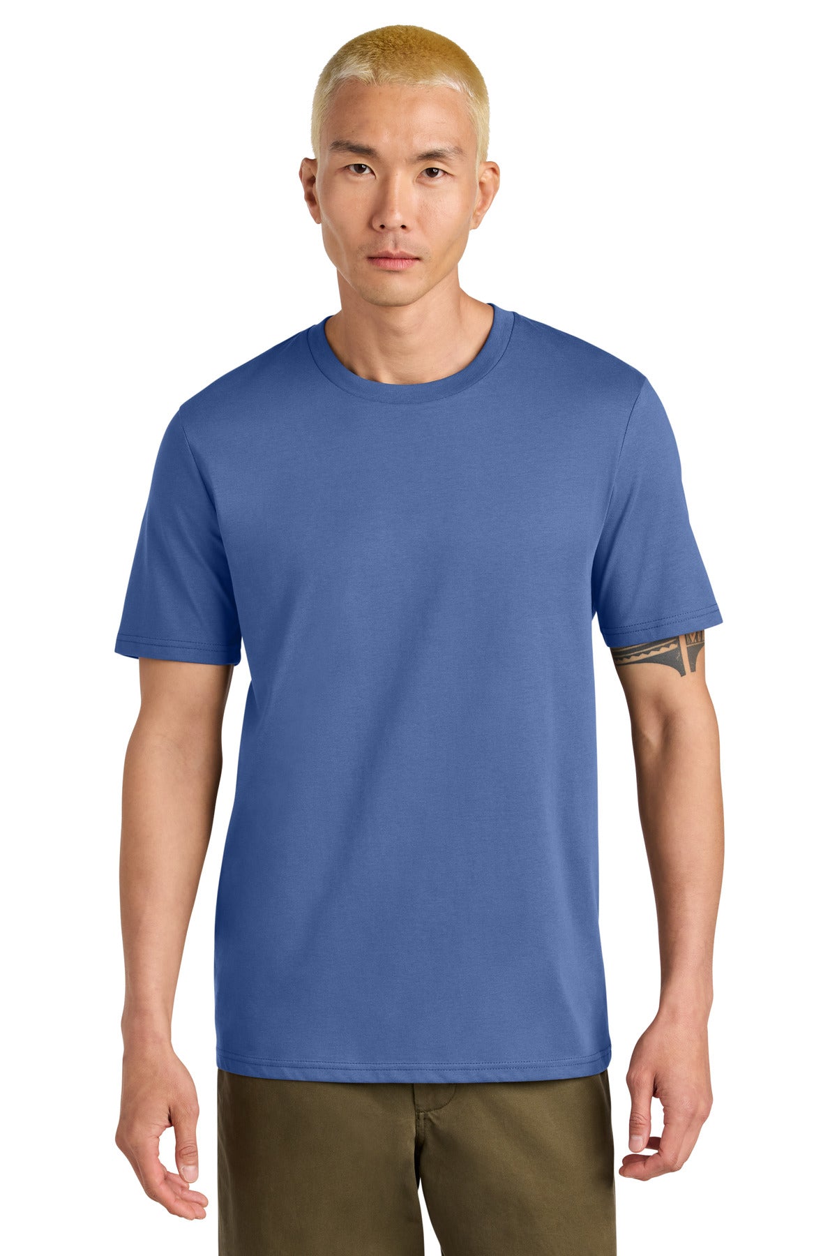 Man wearing a blue t-shirt on a white background
