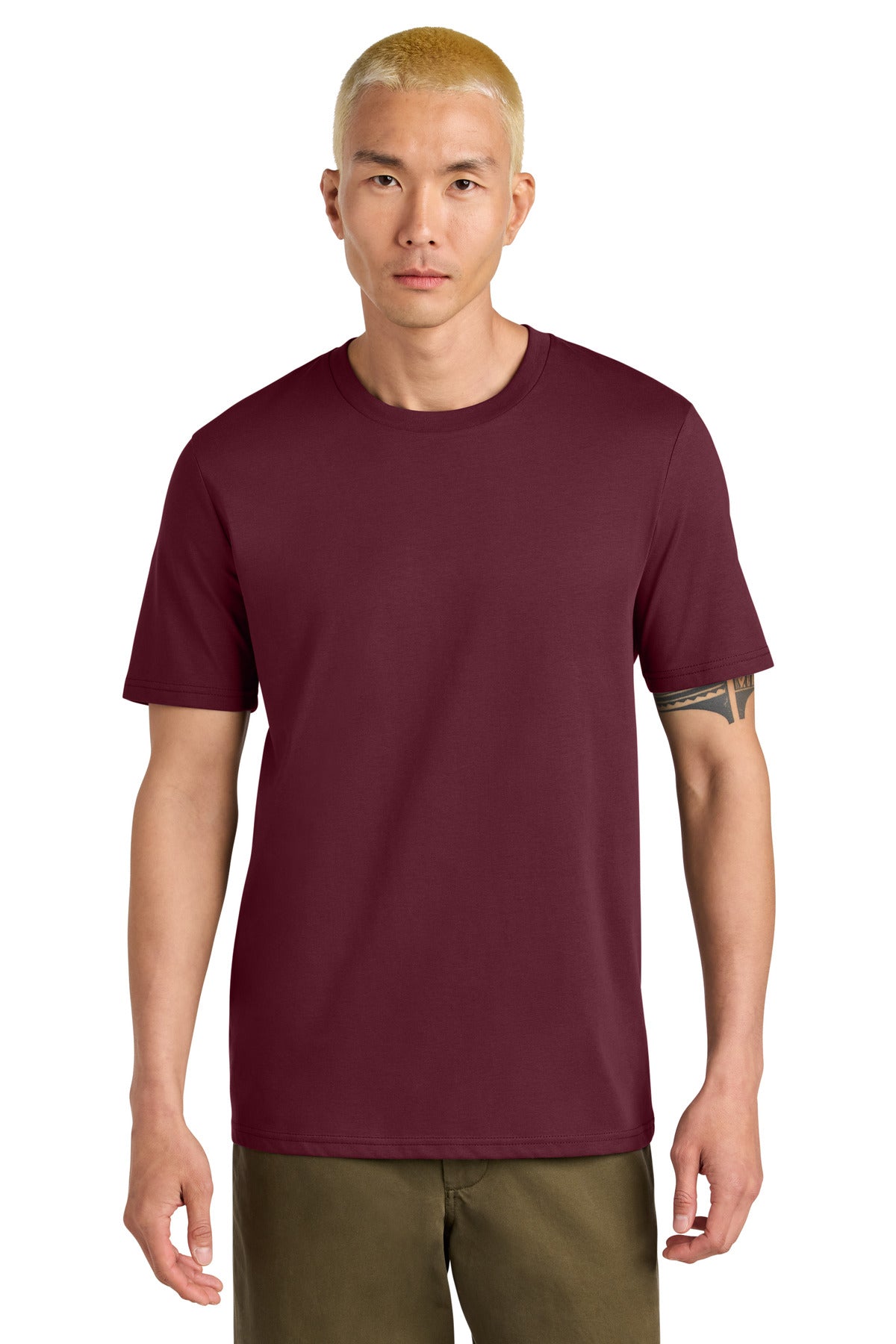 Man wearing a maroon t-shirt on a white background