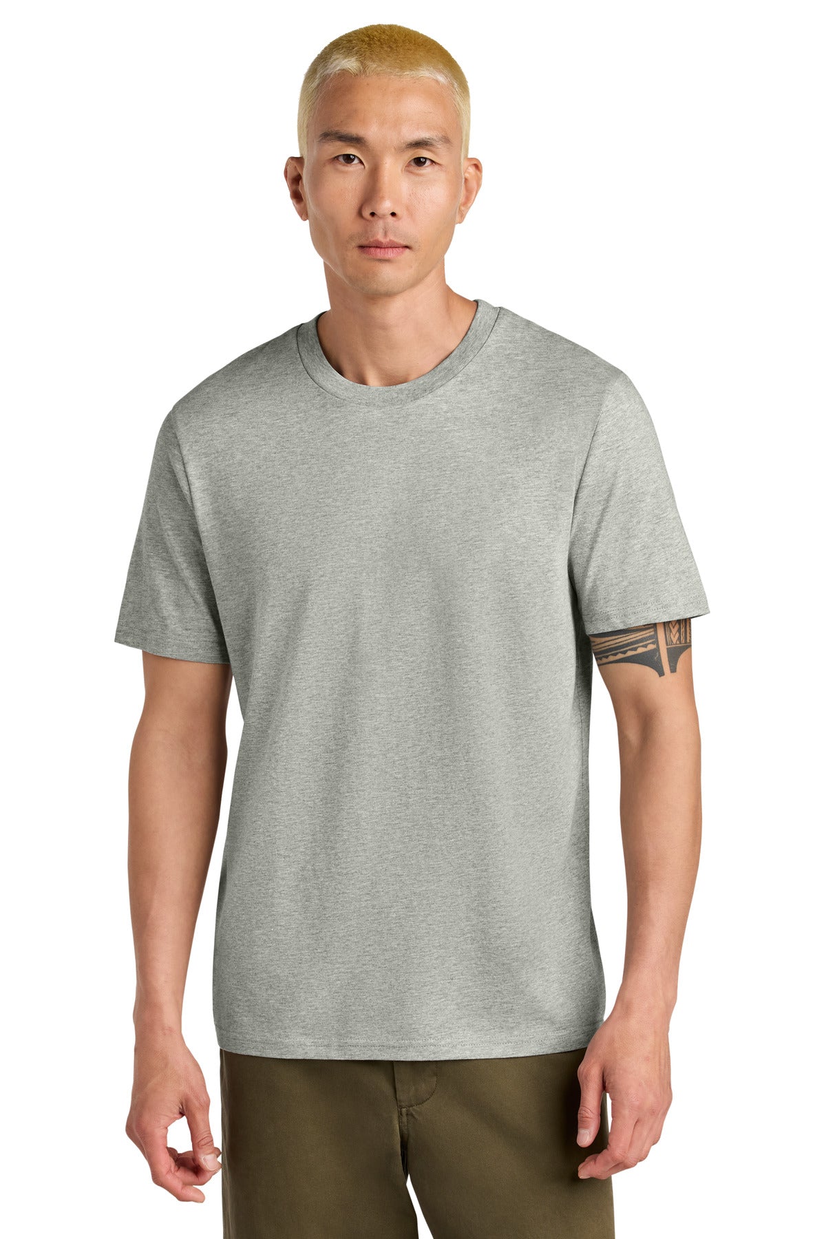 Man wearing a gray t-shirt on a white background