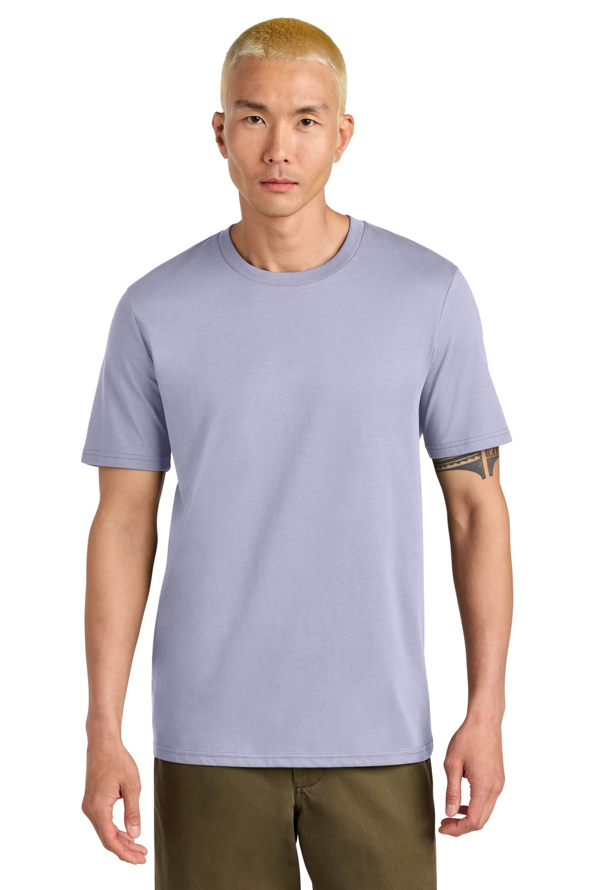 Man wearing a light purple t-shirt on a white background