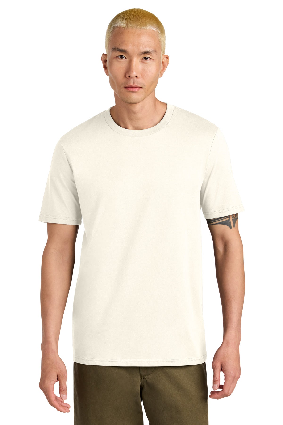 Man wearing a plain white t-shirt on a white background