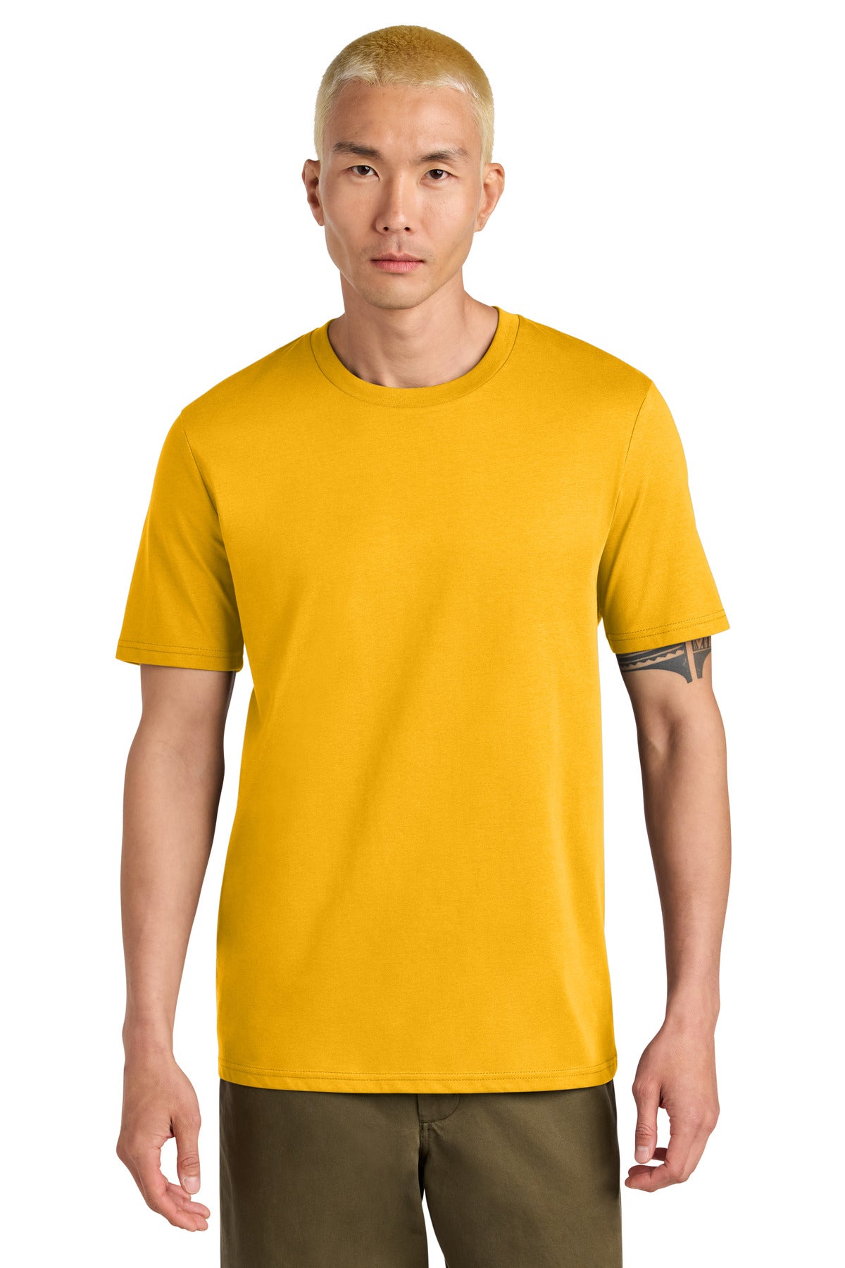 Man wearing a yellow t-shirt on a white background