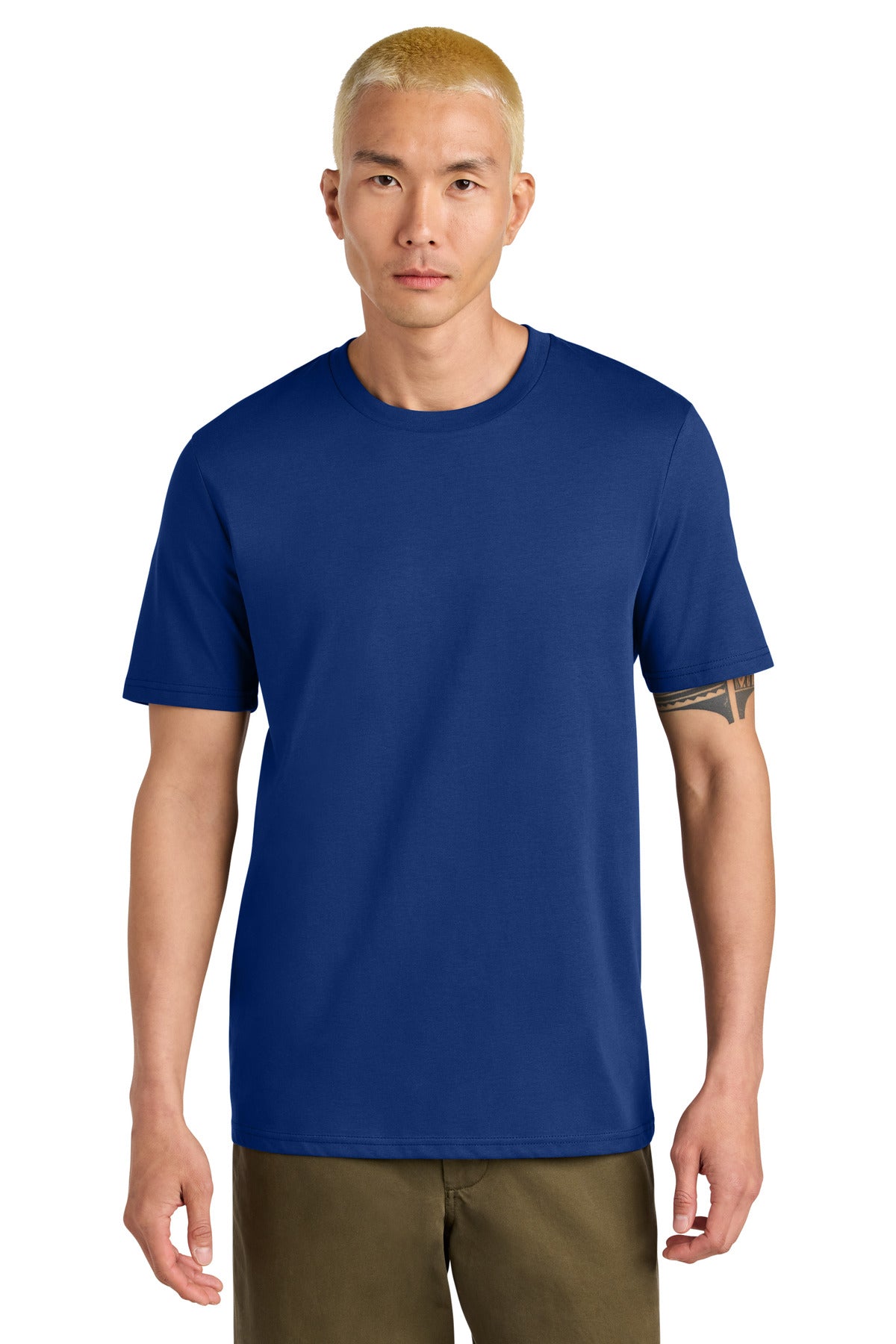 Man wearing a blue t-shirt on a white background