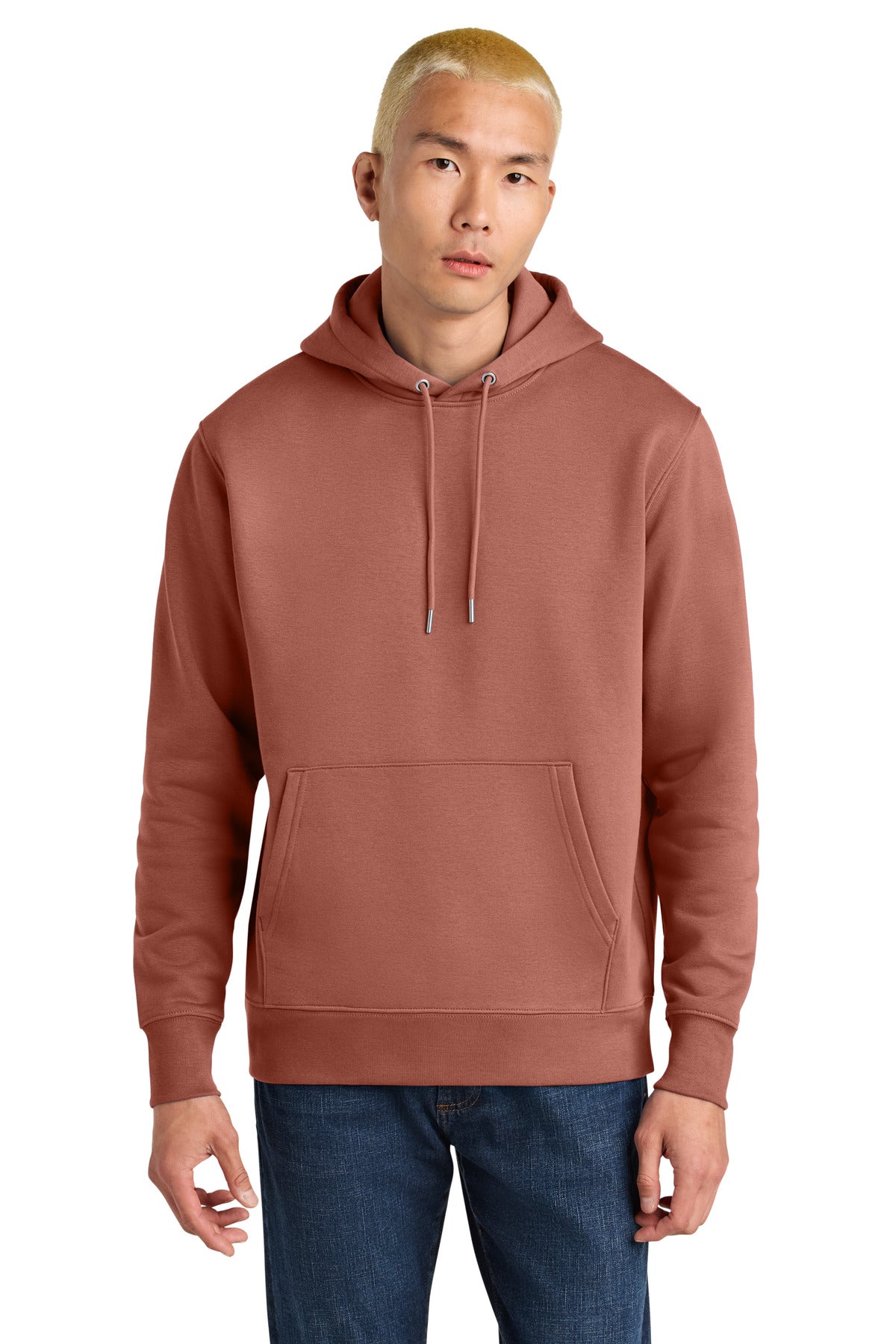 Person wearing a brown hoodie on a white background