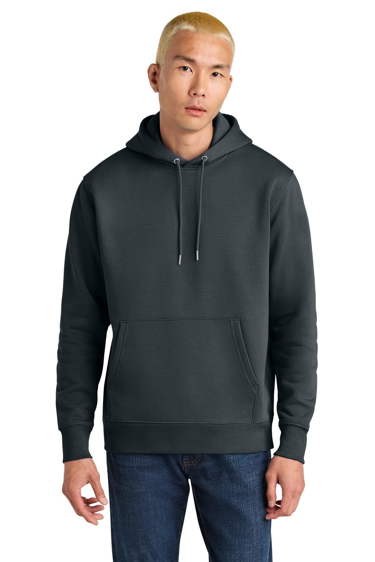 Person wearing a dark gray hoodie on a white background
