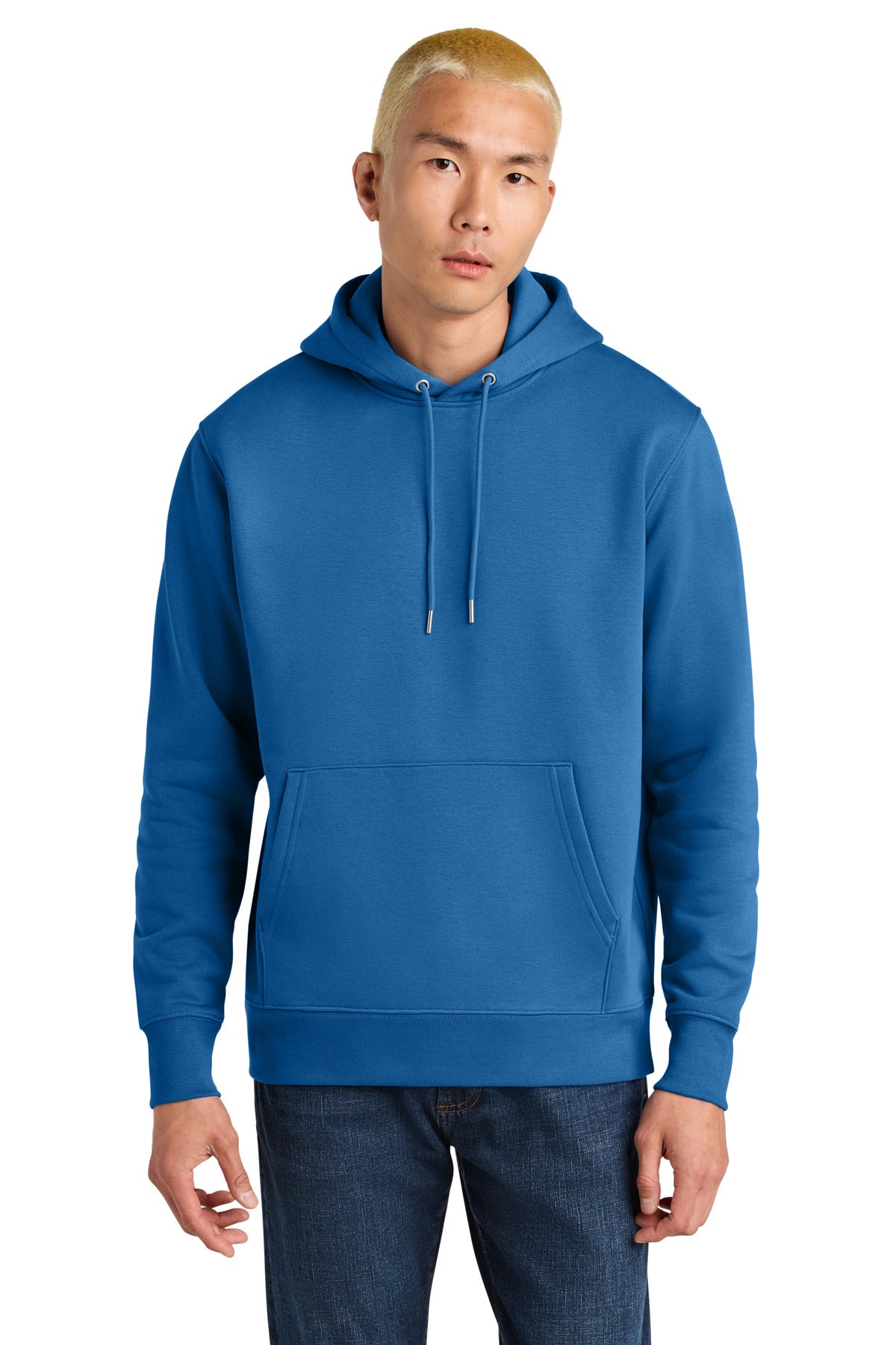 Person wearing a blue hoodie on a white background