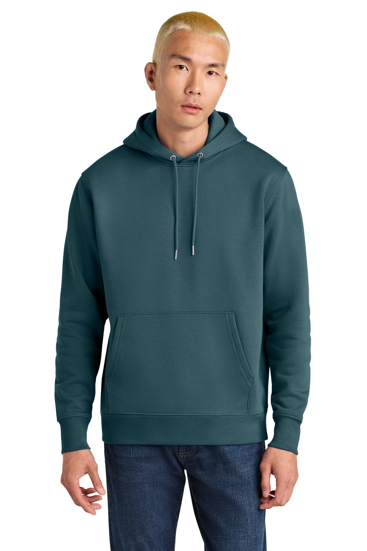 Person wearing a teal hoodie on a white background