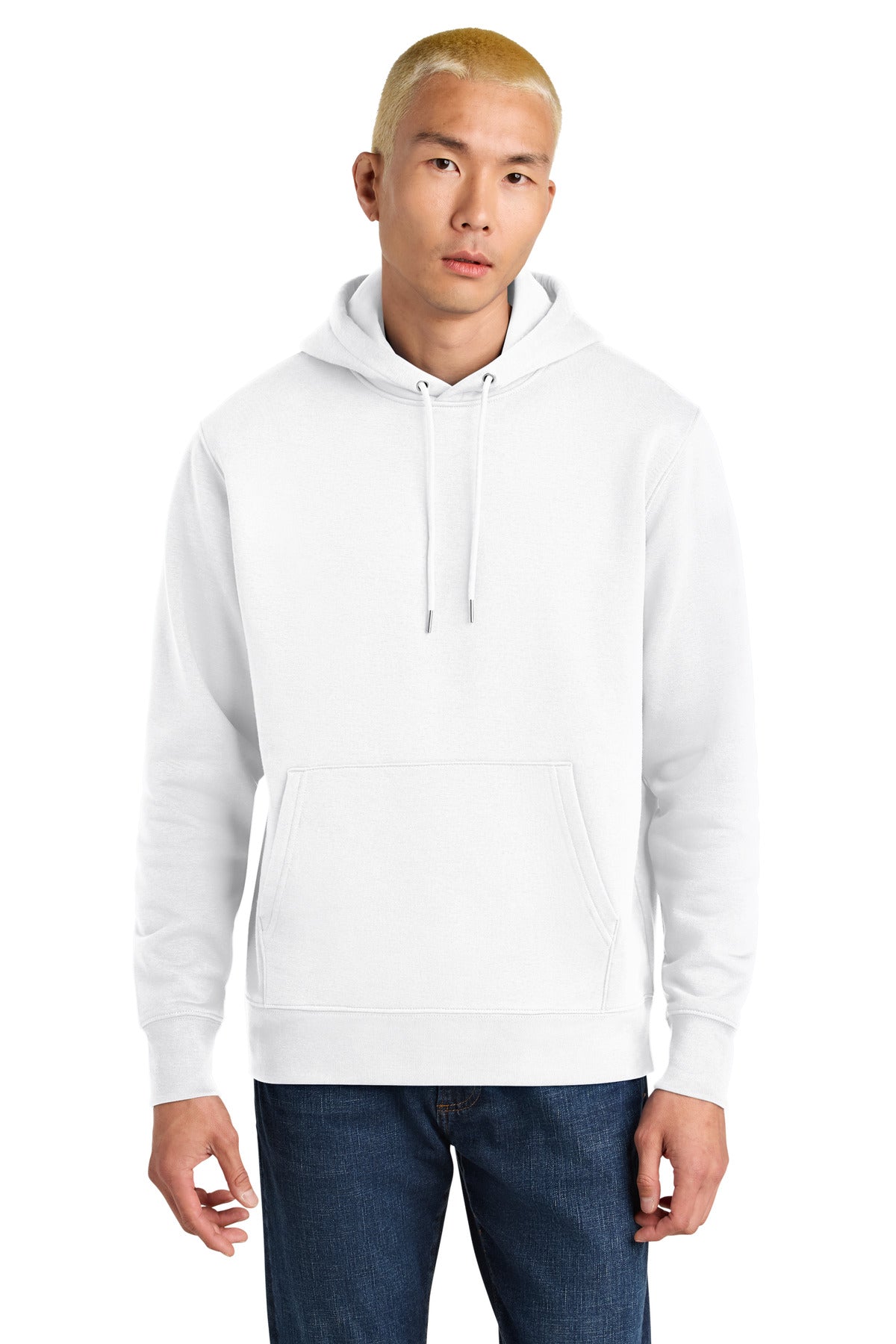 Person wearing a white hoodie and blue jeans on a white background