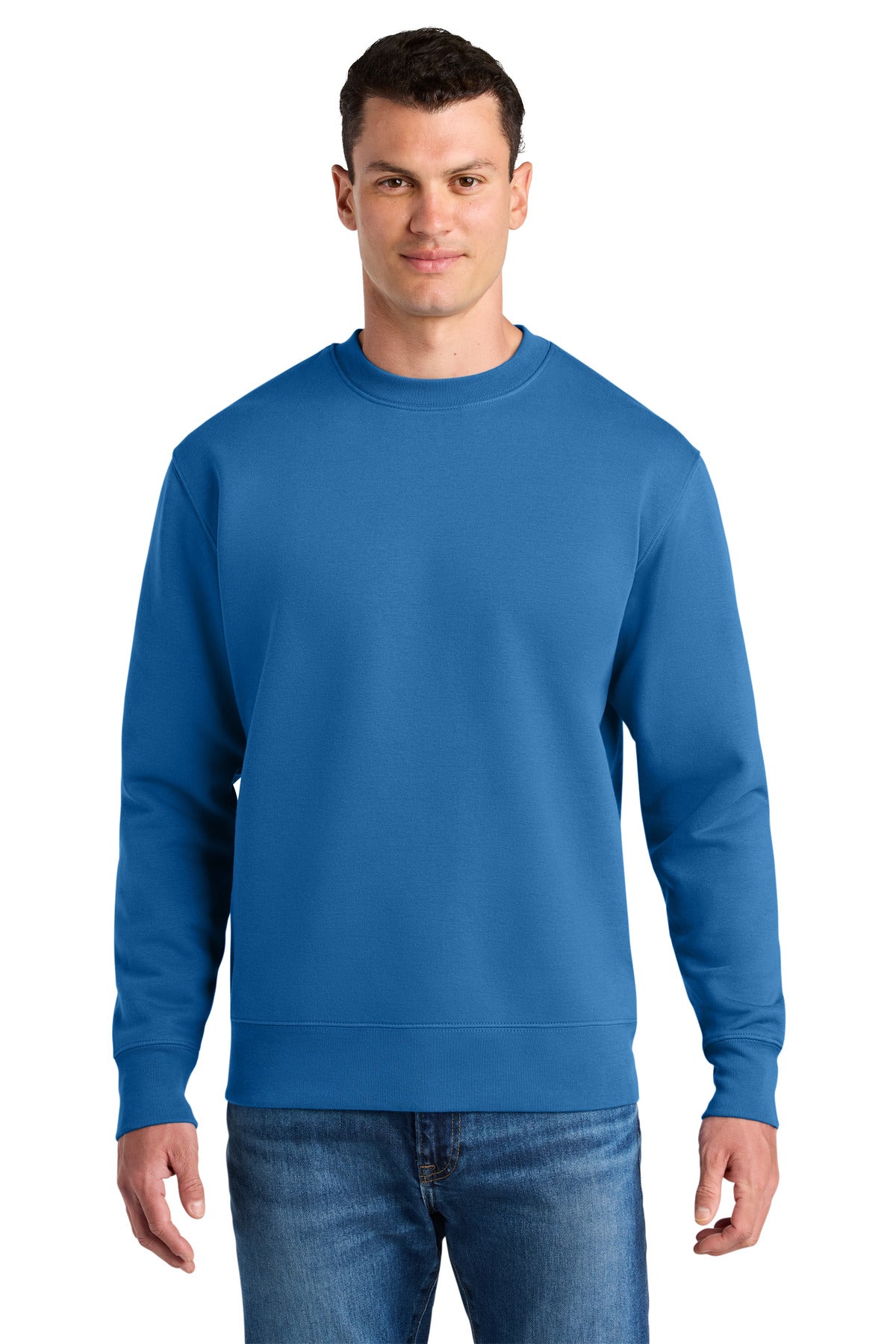 Man wearing a blue sweatshirt on a white background
