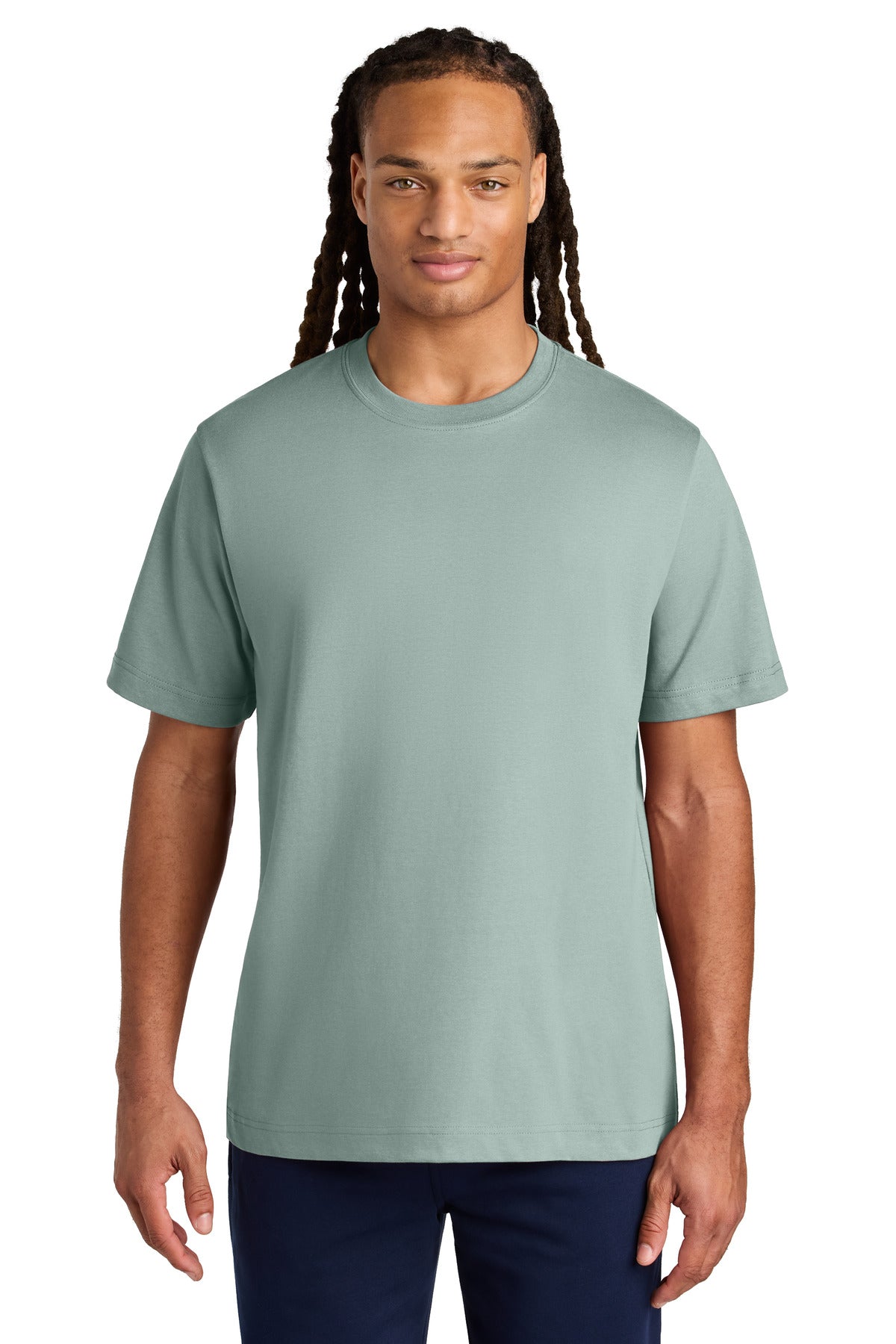 Man wearing a light green t-shirt on a white background