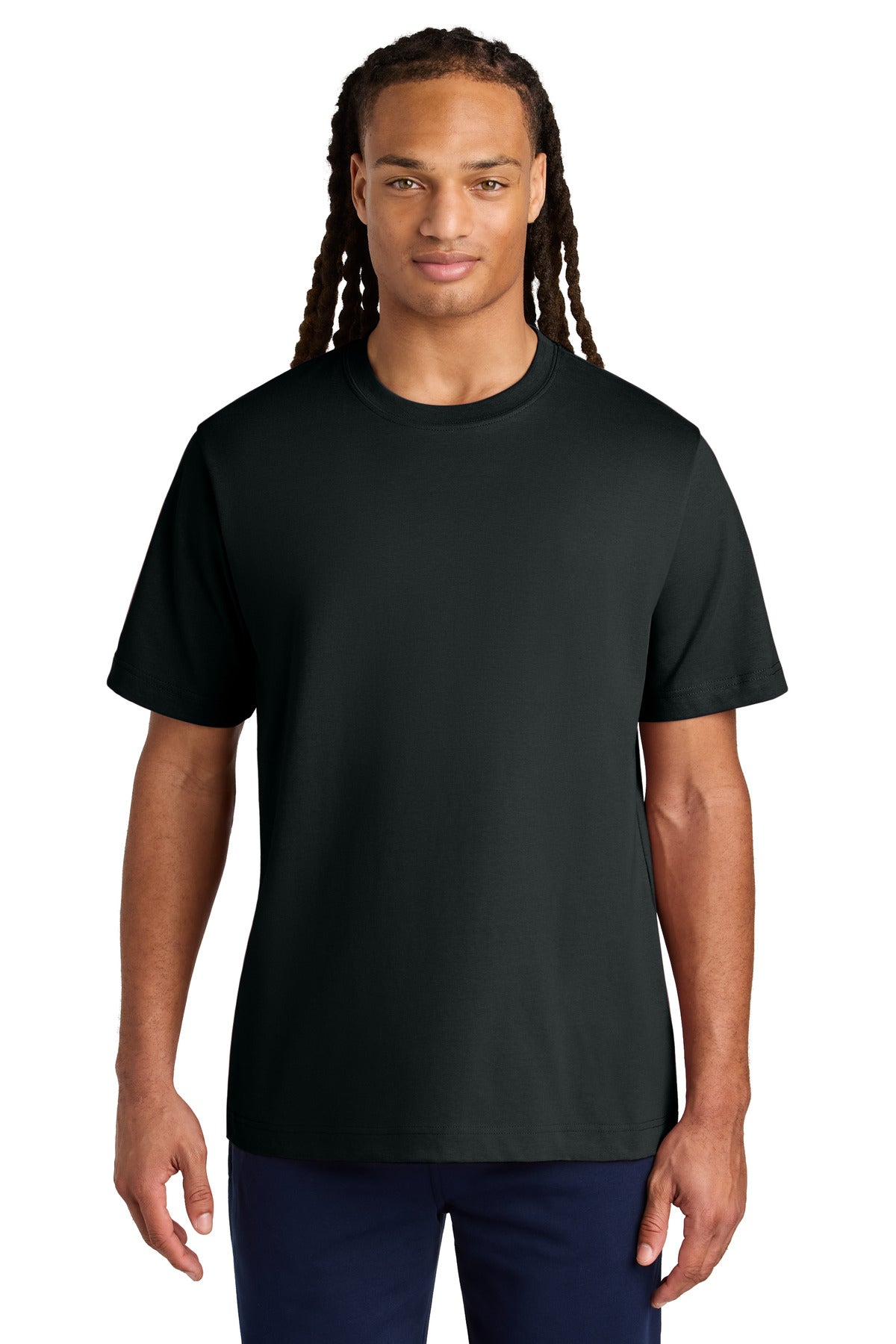 Person wearing a black t-shirt on a white background