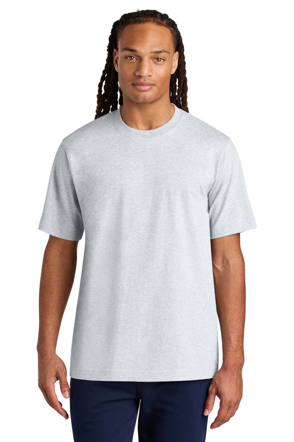 Man wearing a plain gray t-shirt on a white background