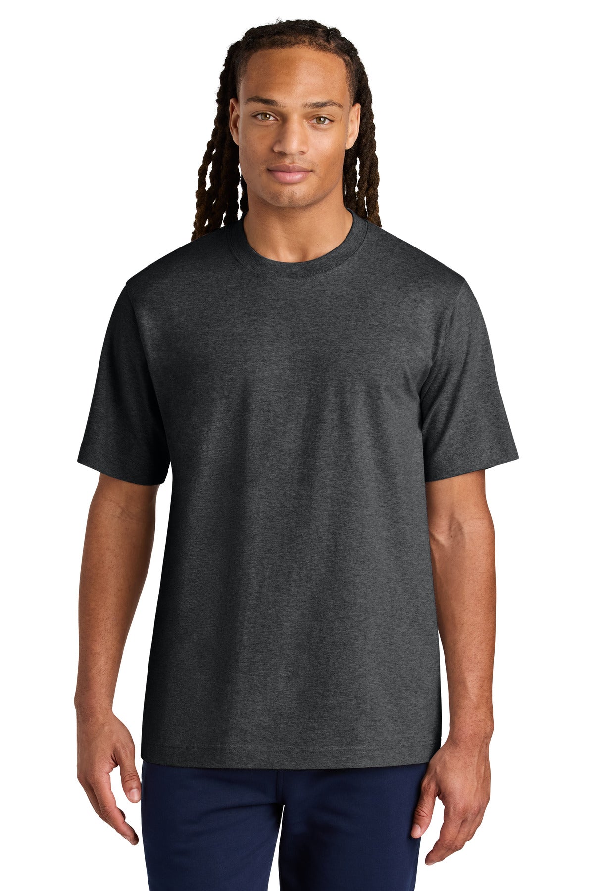 Man wearing a dark gray t-shirt on a white background