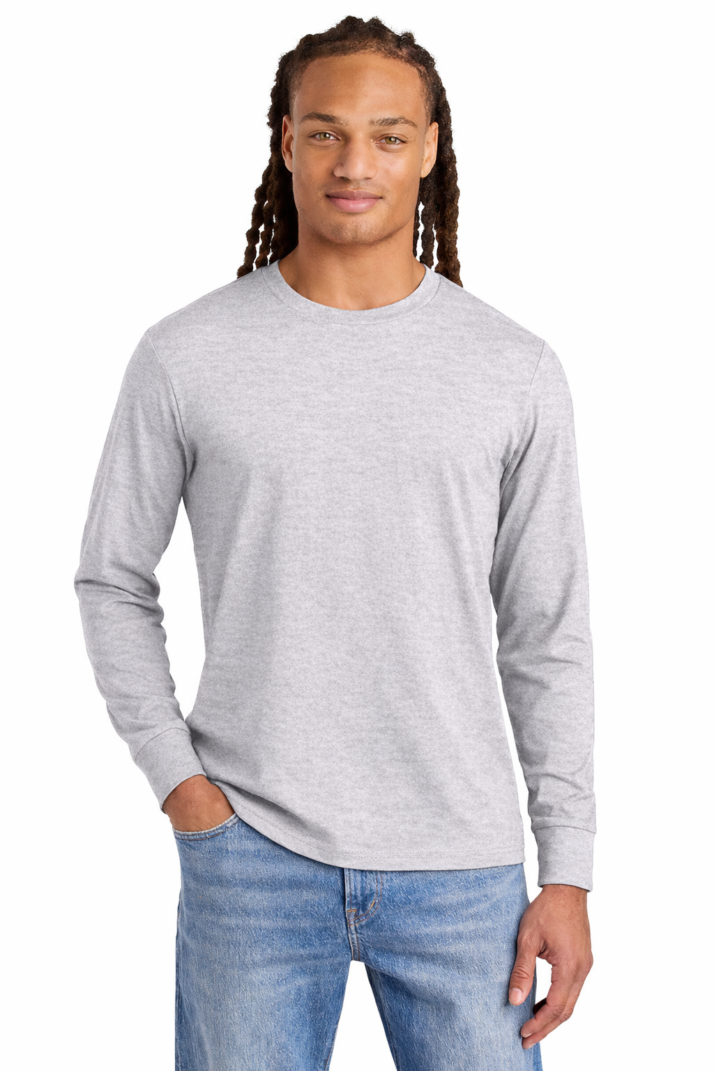 Person wearing a gray long-sleeve shirt and blue jeans on a white background