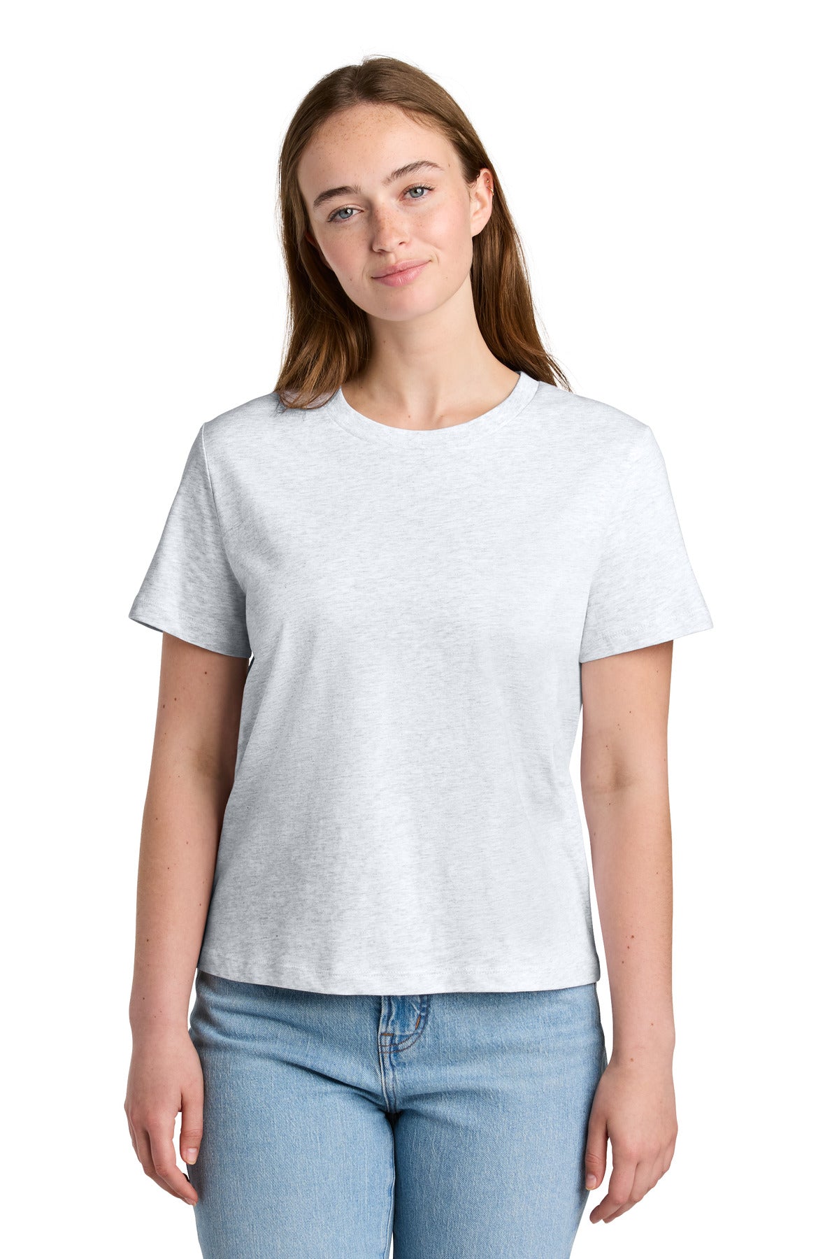 Person wearing a plain white t-shirt and light blue jeans on a white background