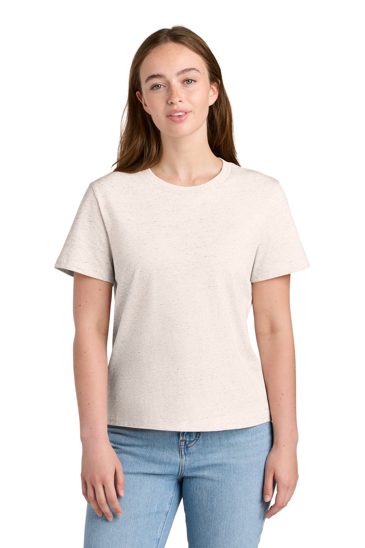 Woman wearing a beige t-shirt and blue jeans on a white background
